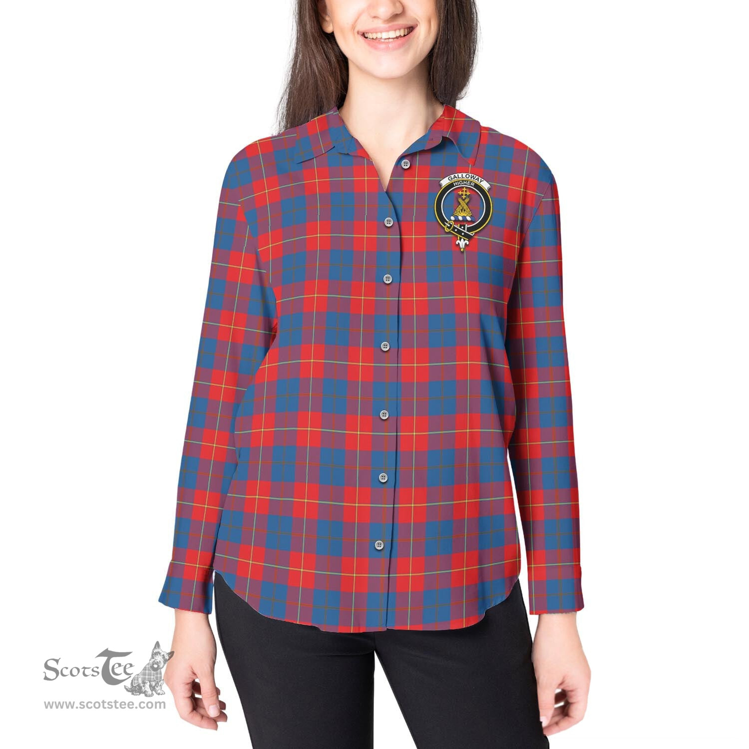 ScotsTee Shop Scottish Galloway Red Clan Crest Tartan Womens Long Sleeve Shirt