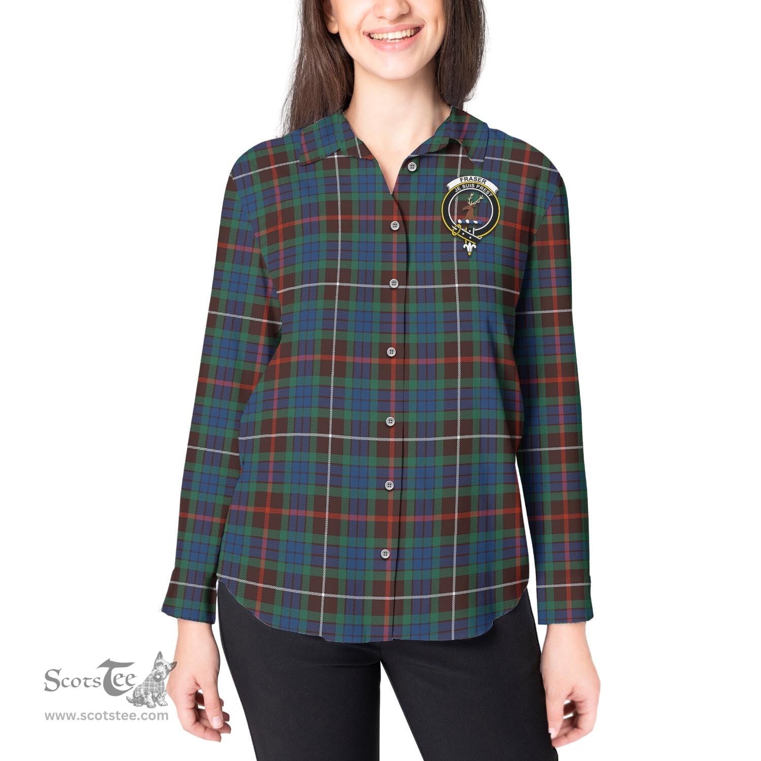 ScotsTee Shop Scottish Fraser Hunting Ancient Clan Crest Tartan Womens Long Sleeve Shirt