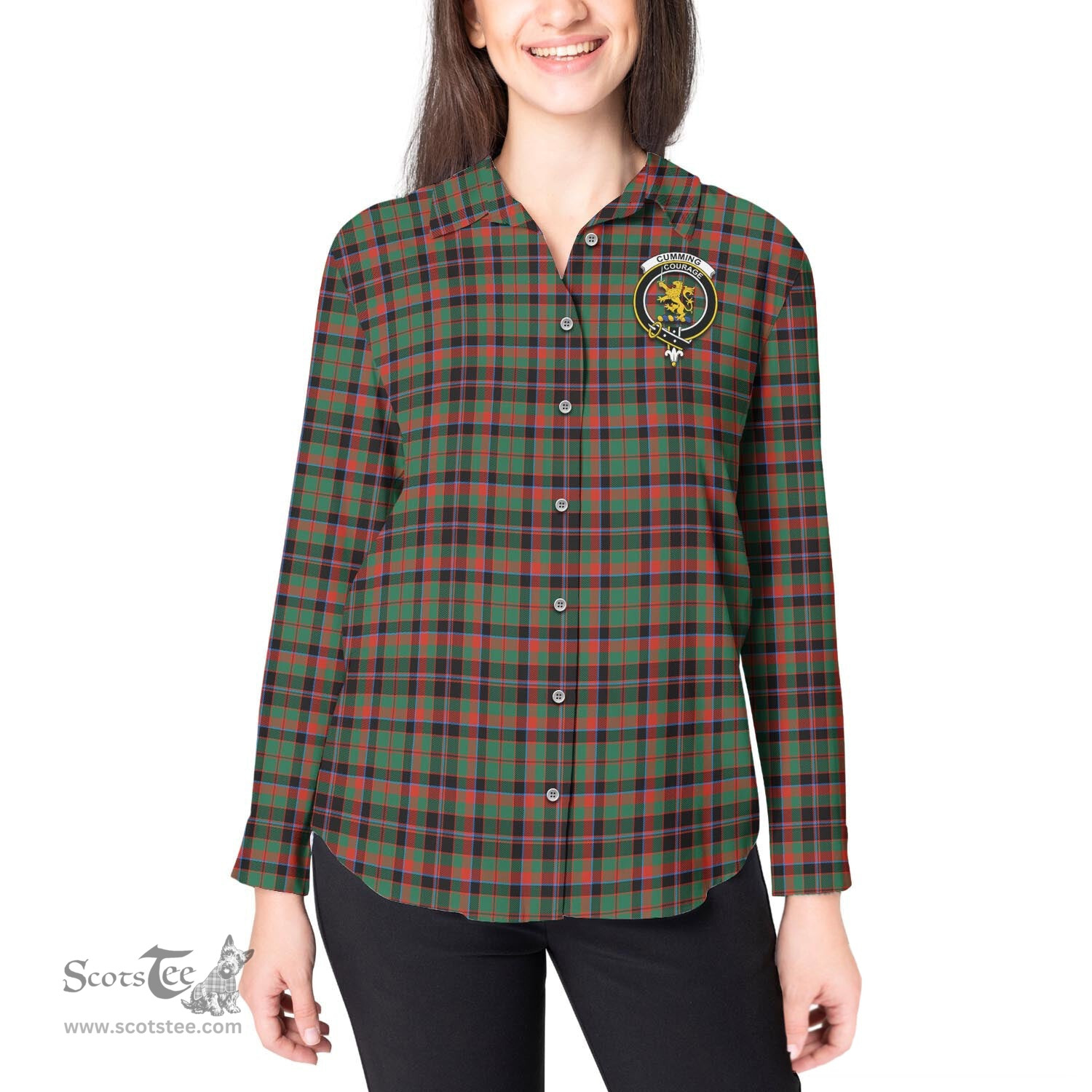 ScotsTee Shop Scottish Cumming Hunting Ancient Clan Crest Tartan Womens Long Sleeve Shirt