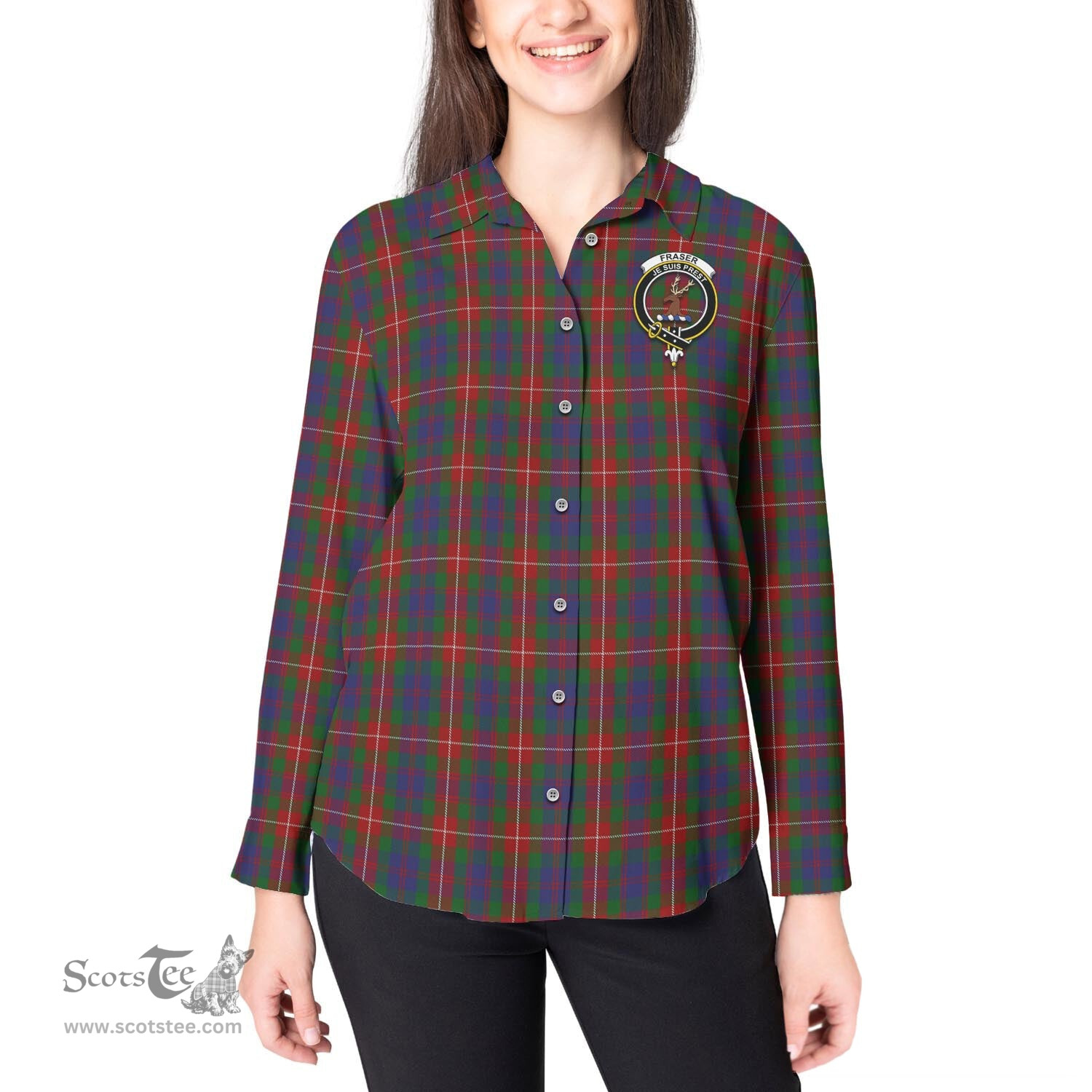ScotsTee Shop Scottish Fraser of Lovat Clan Crest Tartan Womens Long Sleeve Shirt