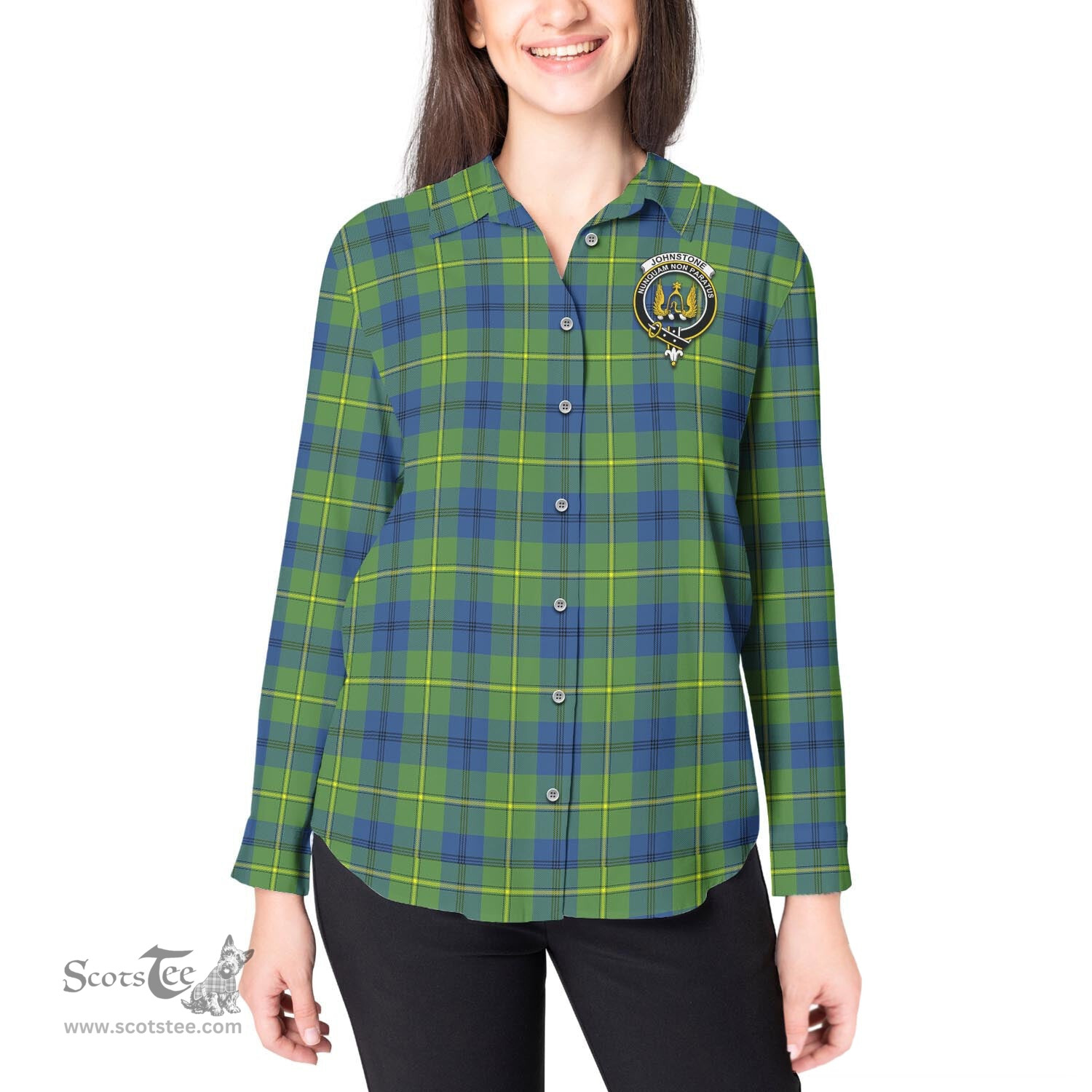 ScotsTee Shop Scottish Johnstone-Johnston Ancient Clan Crest Tartan Womens Long Sleeve Shirt