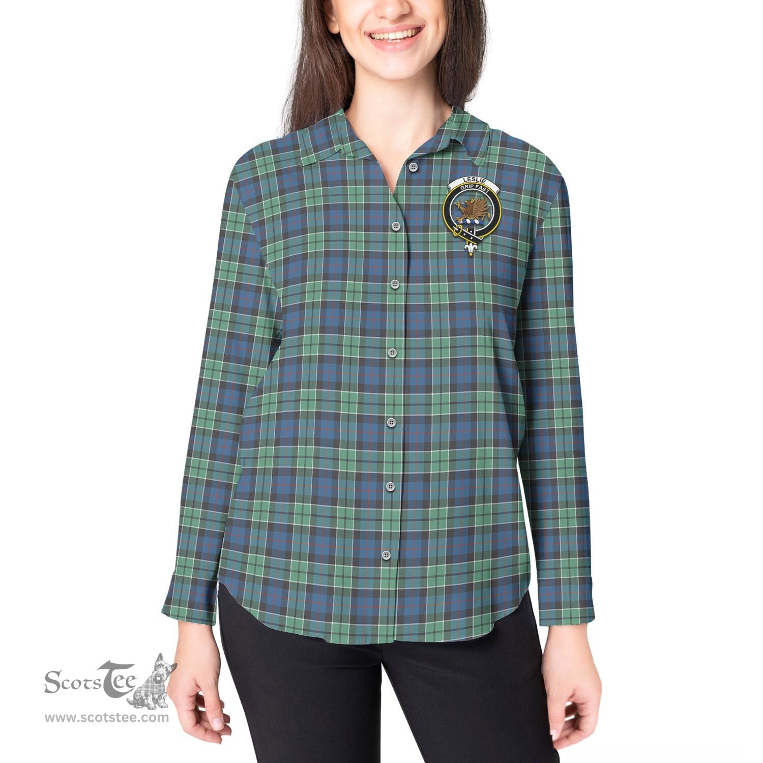 ScotsTee Shop Scottish Leslie Hunting Ancient Clan Crest Tartan Womens Long Sleeve Shirt