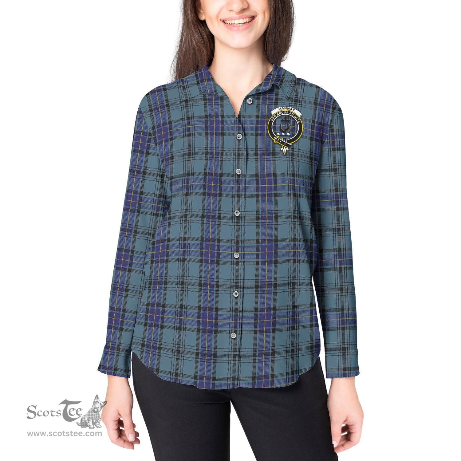 ScotsTee Shop Scottish Hannay Blue Clan Crest Tartan Womens Long Sleeve Shirt