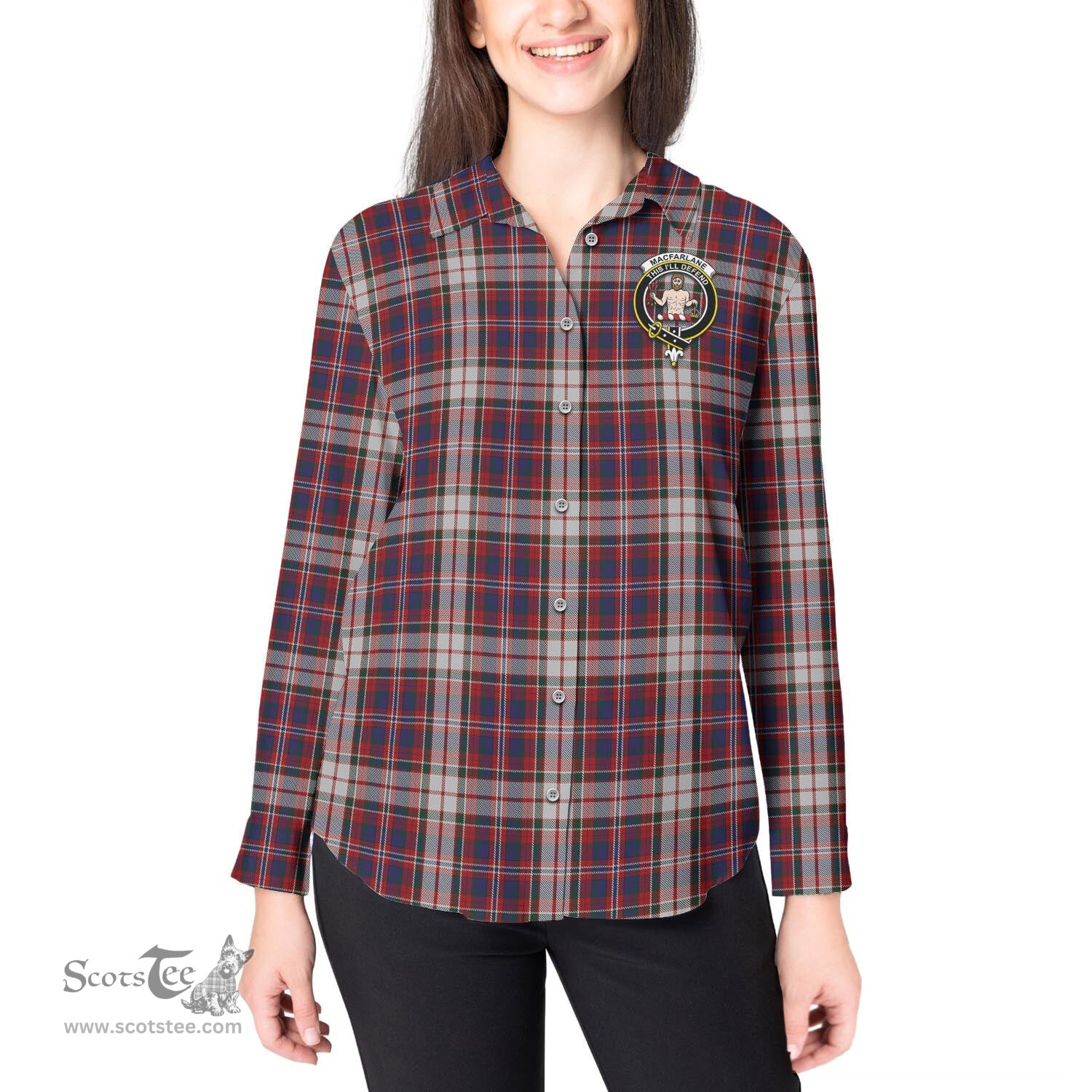 ScotsTee Shop Scottish MacFarlane Dress Clan Crest Tartan Womens Long Sleeve Shirt