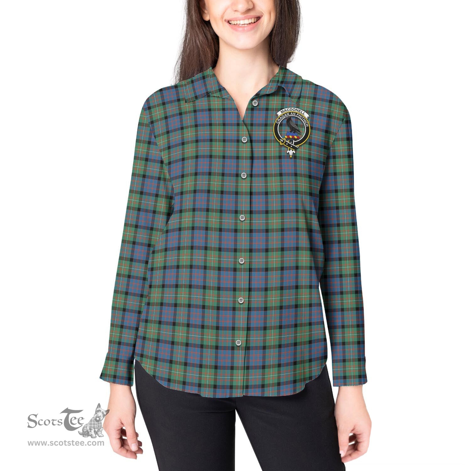 ScotsTee Shop Scottish MacDonell of Glengarry Ancient Clan Crest Tartan Womens Long Sleeve Shirt