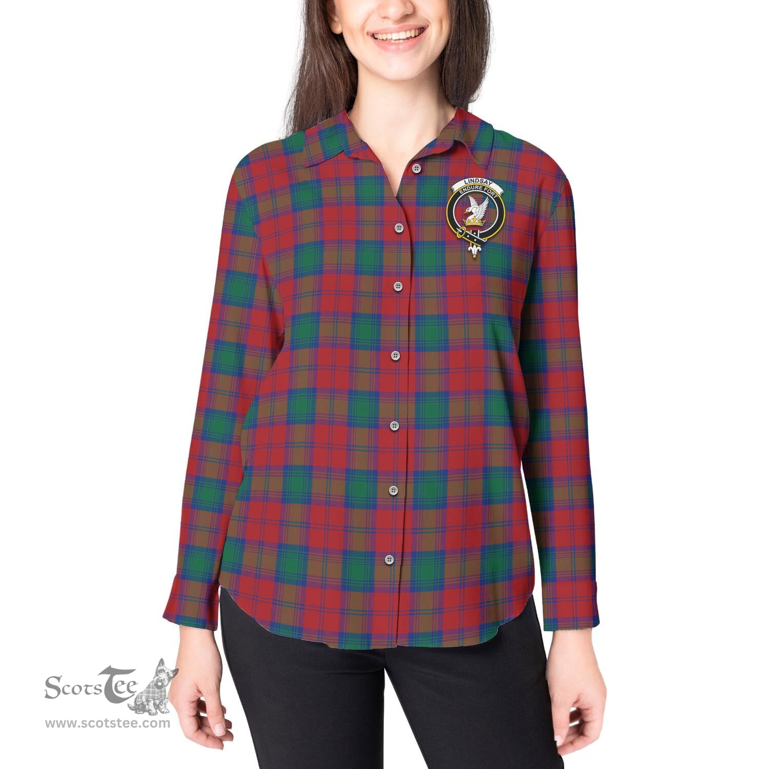 ScotsTee Shop Scottish Lindsay Modern Clan Crest Tartan Womens Long Sleeve Shirt