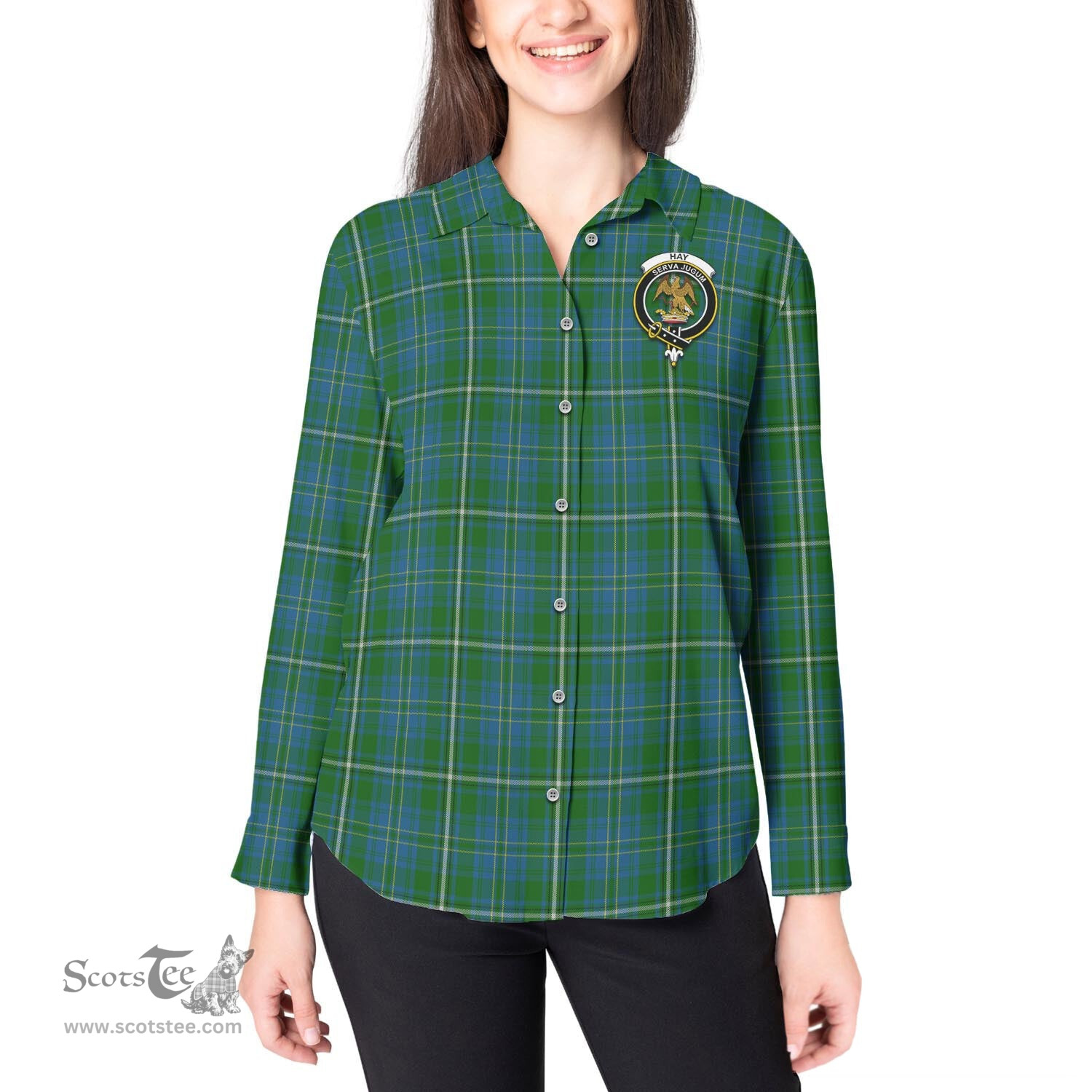 ScotsTee Shop Scottish Hay Hunting Clan Crest Tartan Womens Long Sleeve Shirt