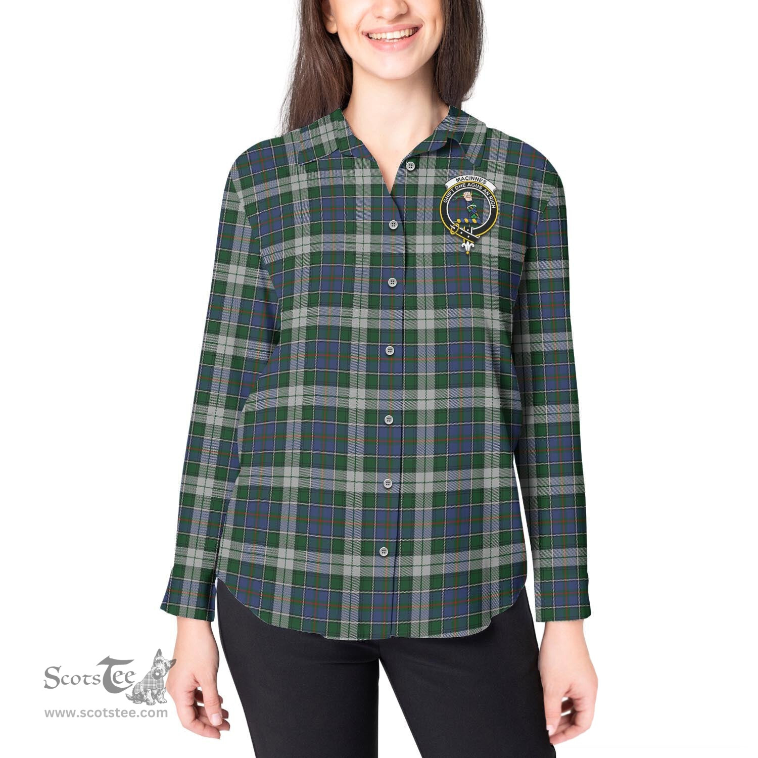 ScotsTee Shop Scottish MacInnes Dress Clan Crest Tartan Womens Long Sleeve Shirt
