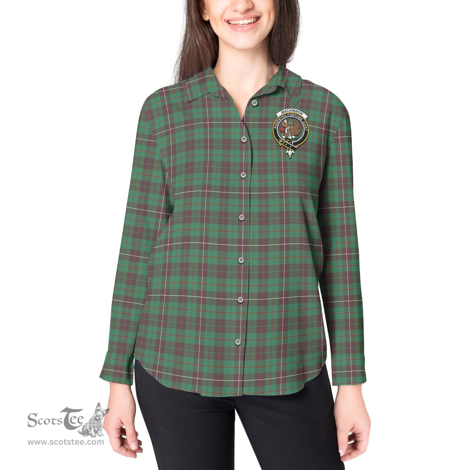 ScotsTee Shop Scottish MacKinnon Hunting Ancient Clan Crest Tartan Womens Long Sleeve Shirt