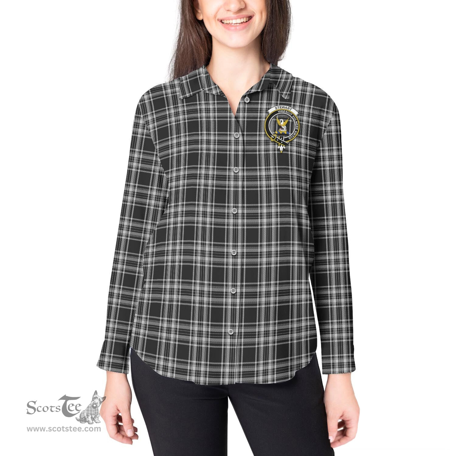 ScotsTee Shop Scottish Stewart Black and White Clan Crest Tartan Womens Long Sleeve Shirt