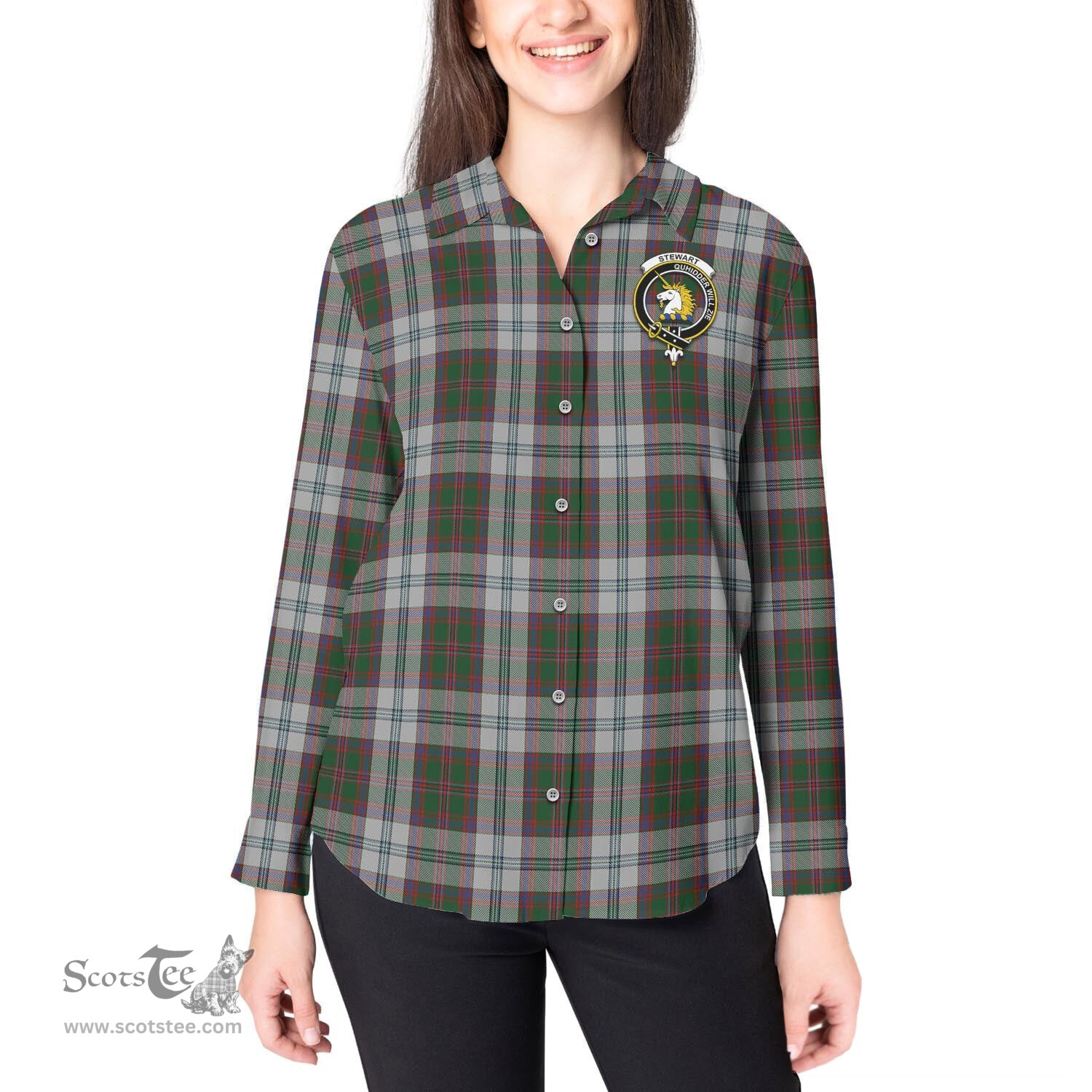 ScotsTee Shop Scottish Stewart of Appin Dress Clan Crest Tartan Womens Long Sleeve Shirt