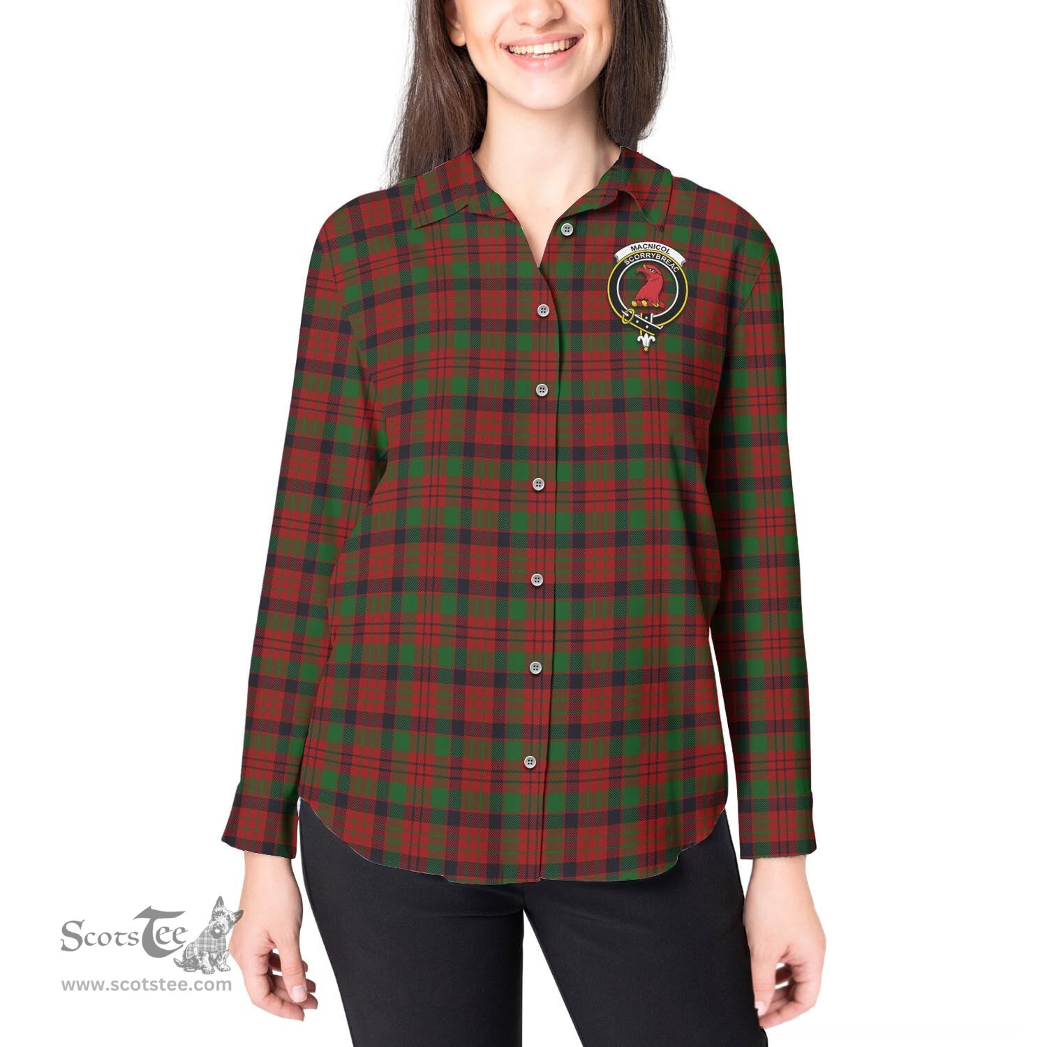 ScotsTee Shop Scottish MacNicol Clan Crest Tartan Womens Long Sleeve Shirt