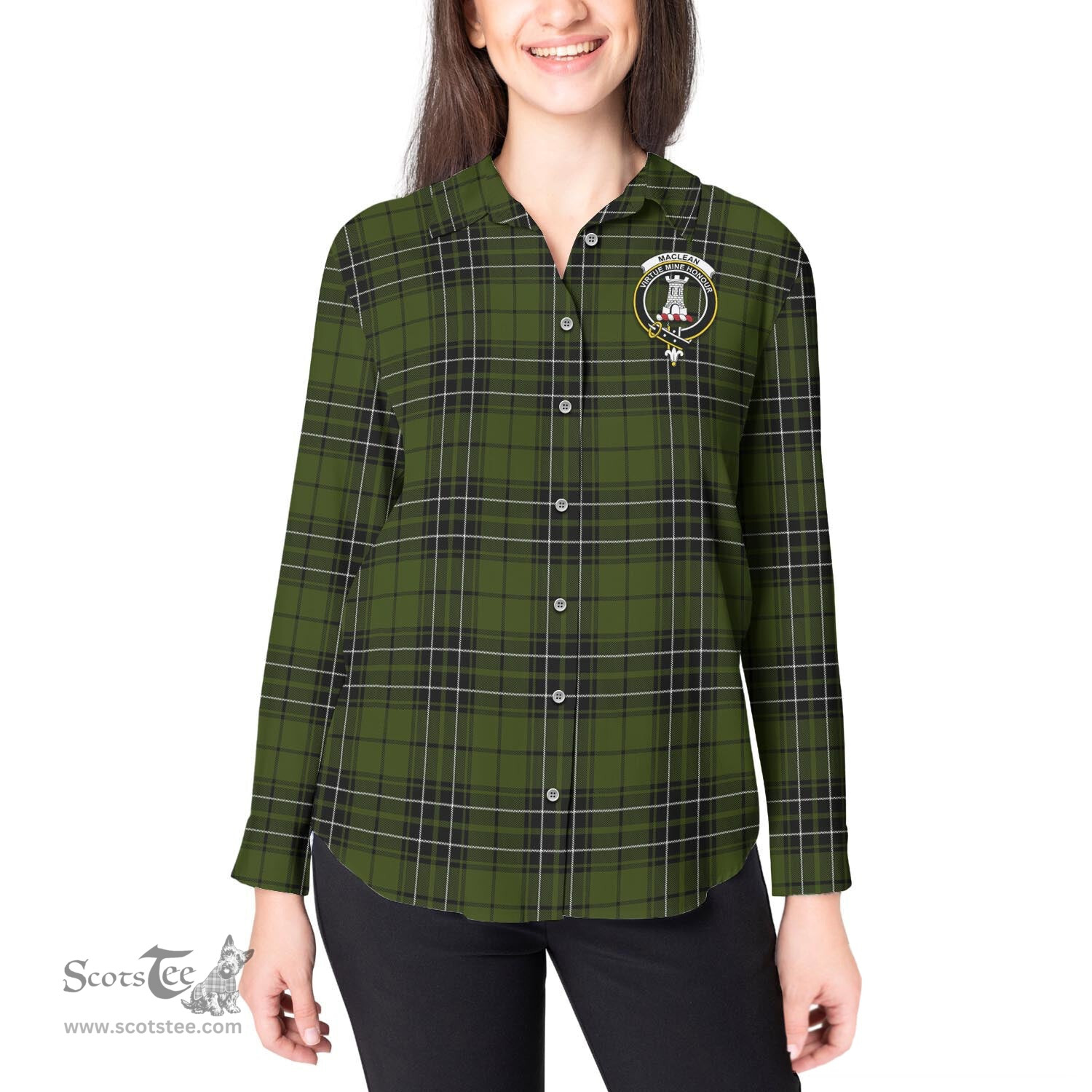 ScotsTee Shop Scottish MacLean Hunting Clan Crest Tartan Womens Long Sleeve Shirt