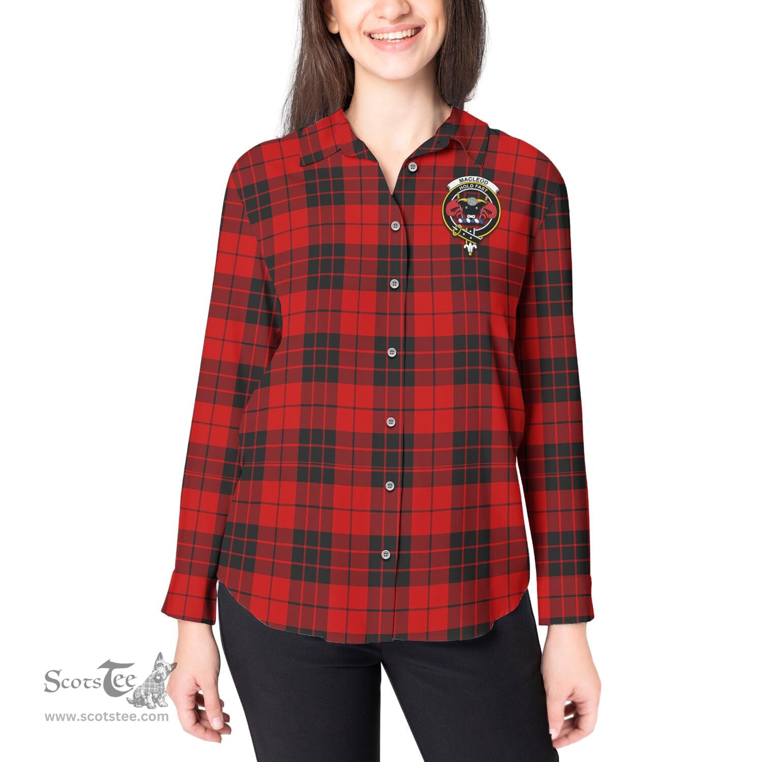 ScotsTee Shop Scottish MacLeod of Raasay Clan Crest Tartan Womens Long Sleeve Shirt