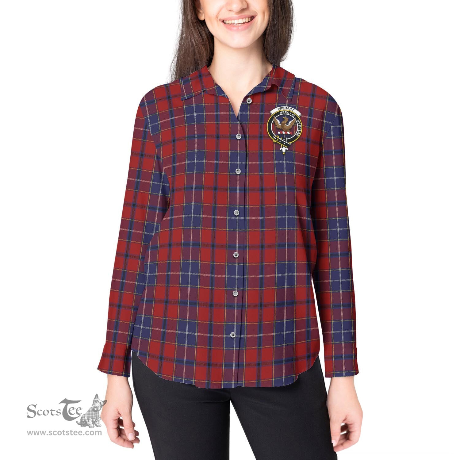 ScotsTee Shop Scottish Wishart Dress Clan Crest Tartan Womens Long Sleeve Shirt