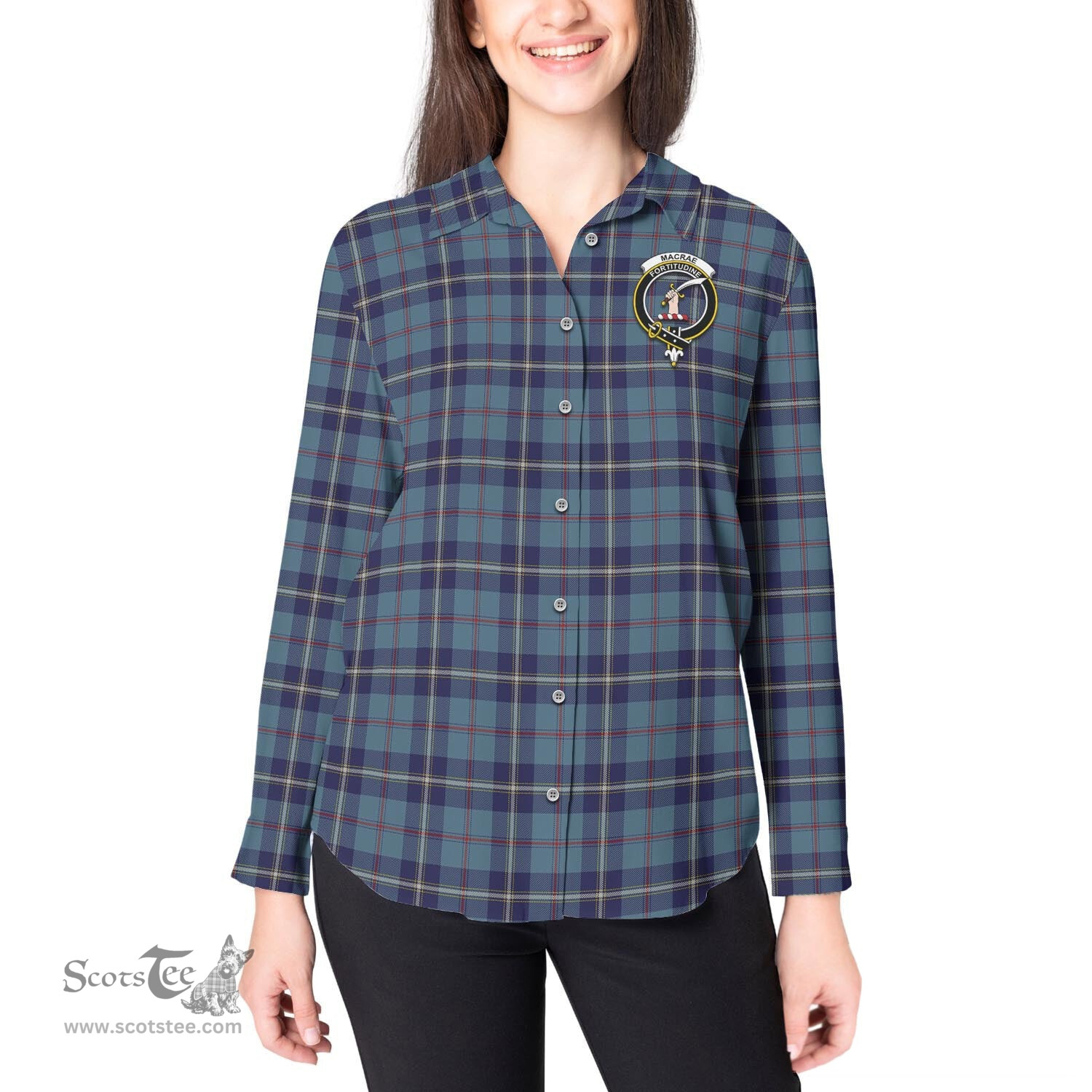 ScotsTee Shop Scottish MacRaes of America Clan Crest Tartan Womens Long Sleeve Shirt