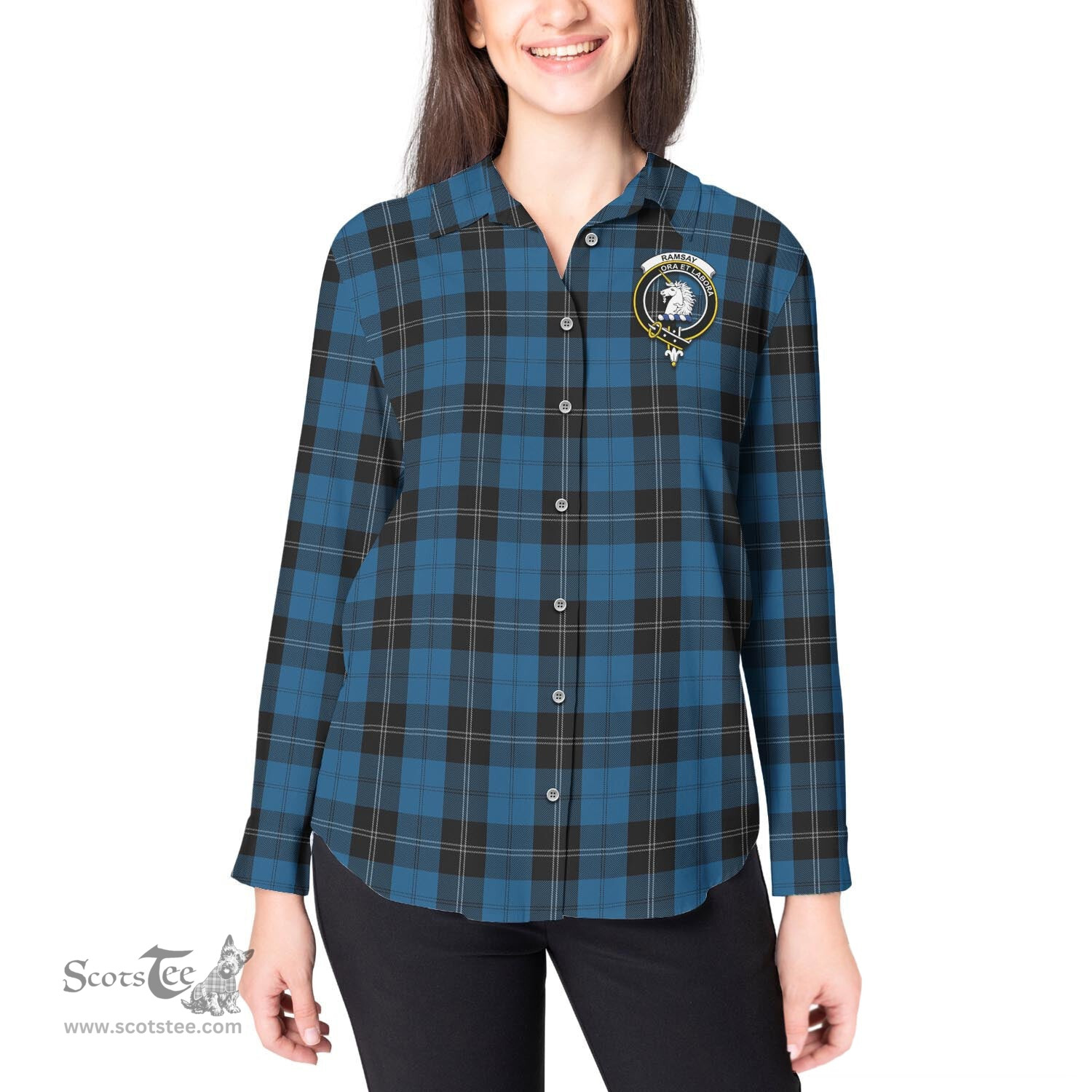ScotsTee Shop Scottish Ramsay Blue Hunting Clan Crest Tartan Womens Long Sleeve Shirt