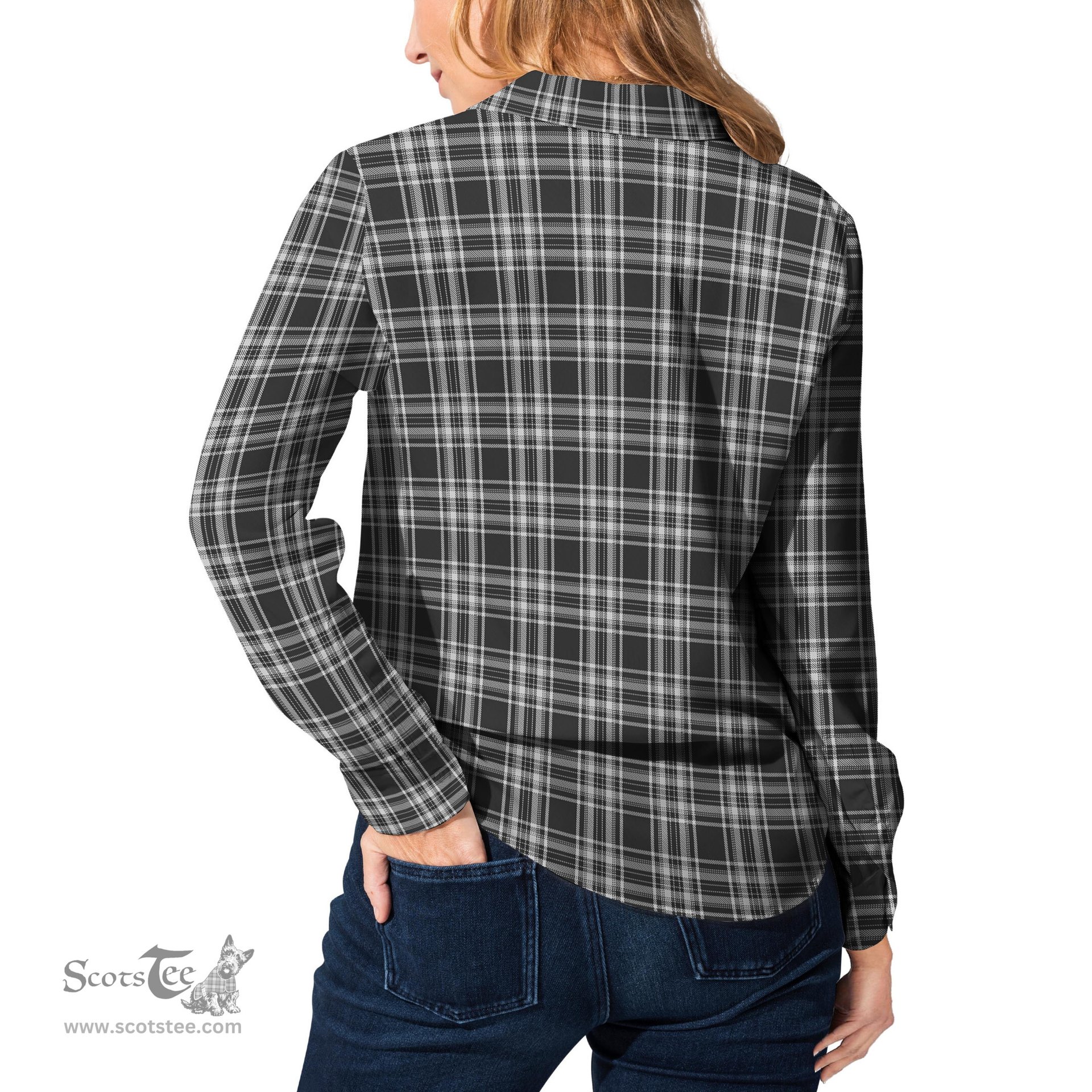 ScotsTee Shop Scottish Stewart Black and White Clan Tartan Womens Long Sleeve Shirt