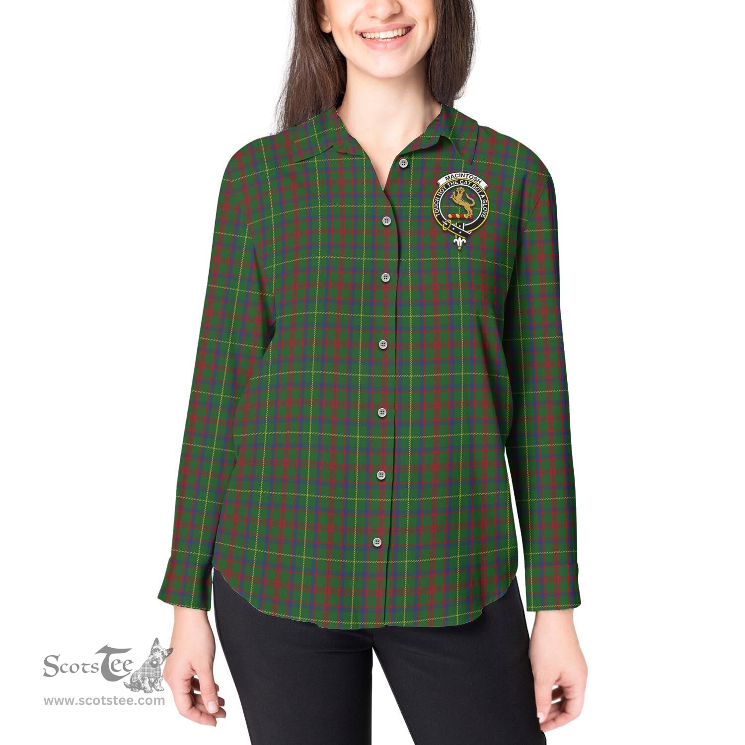 ScotsTee Shop Scottish MacIntosh Hunting Clan Crest Tartan Womens Long Sleeve Shirt
