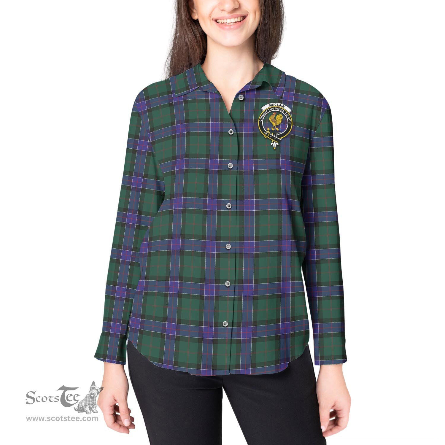 ScotsTee Shop Scottish Sinclair Hunting Modern Clan Crest Tartan Womens Long Sleeve Shirt
