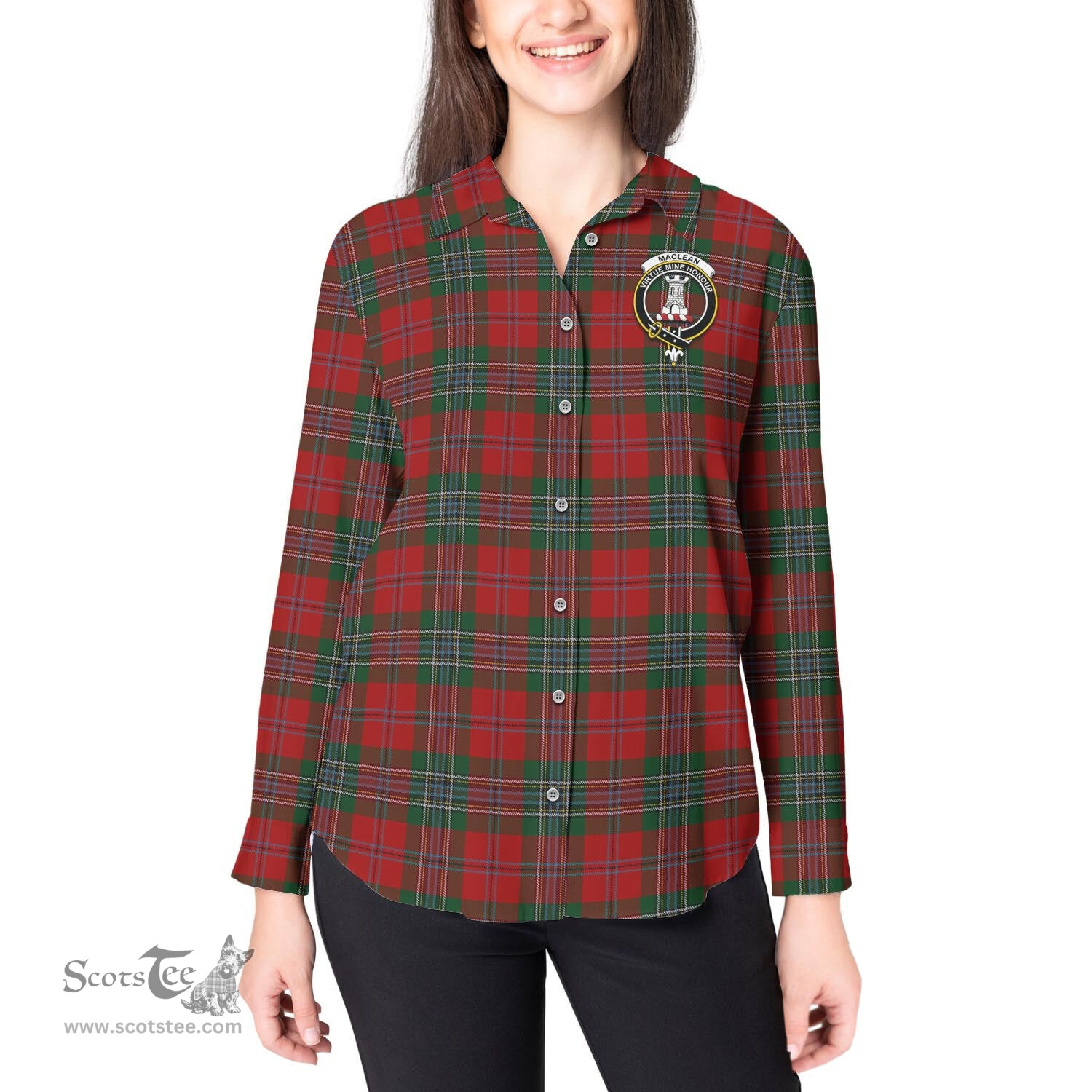 ScotsTee Shop Scottish MacLean Clan Crest Tartan Womens Long Sleeve Shirt