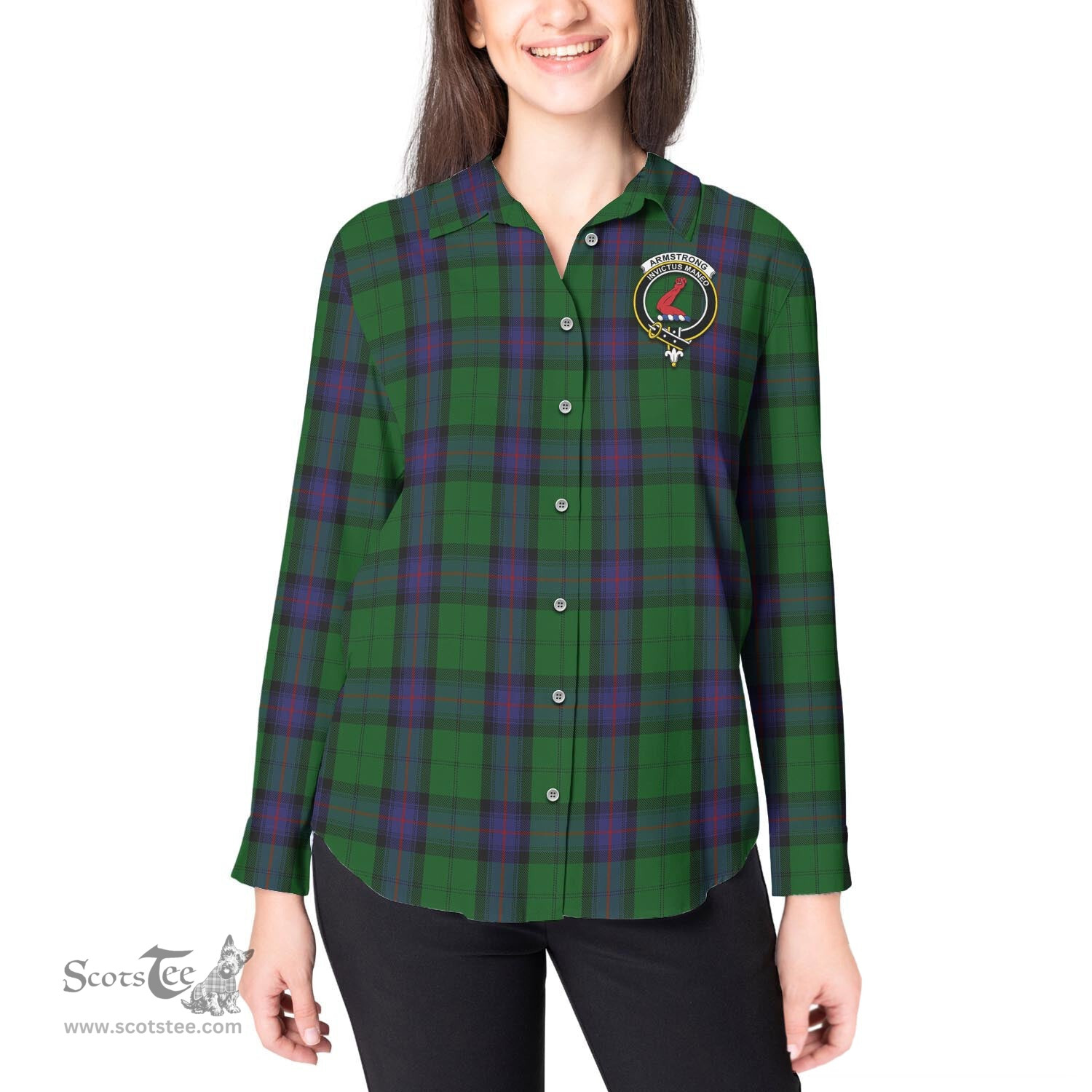 ScotsTee Shop Scottish Armstrong Clan Crest Tartan Womens Long Sleeve Shirt