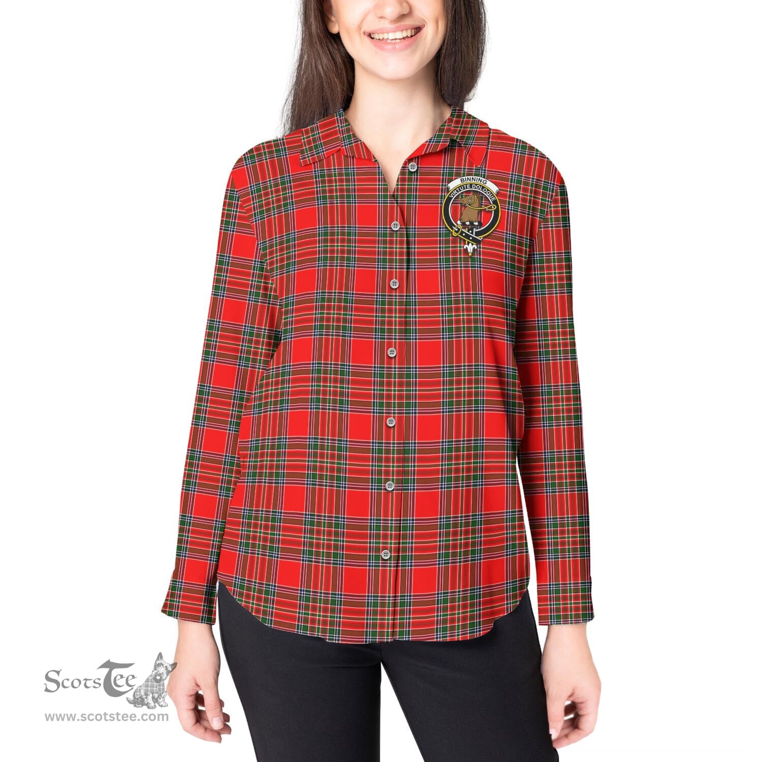 ScotsTee Shop Scottish Binning Clan Crest Tartan Womens Long Sleeve Shirt