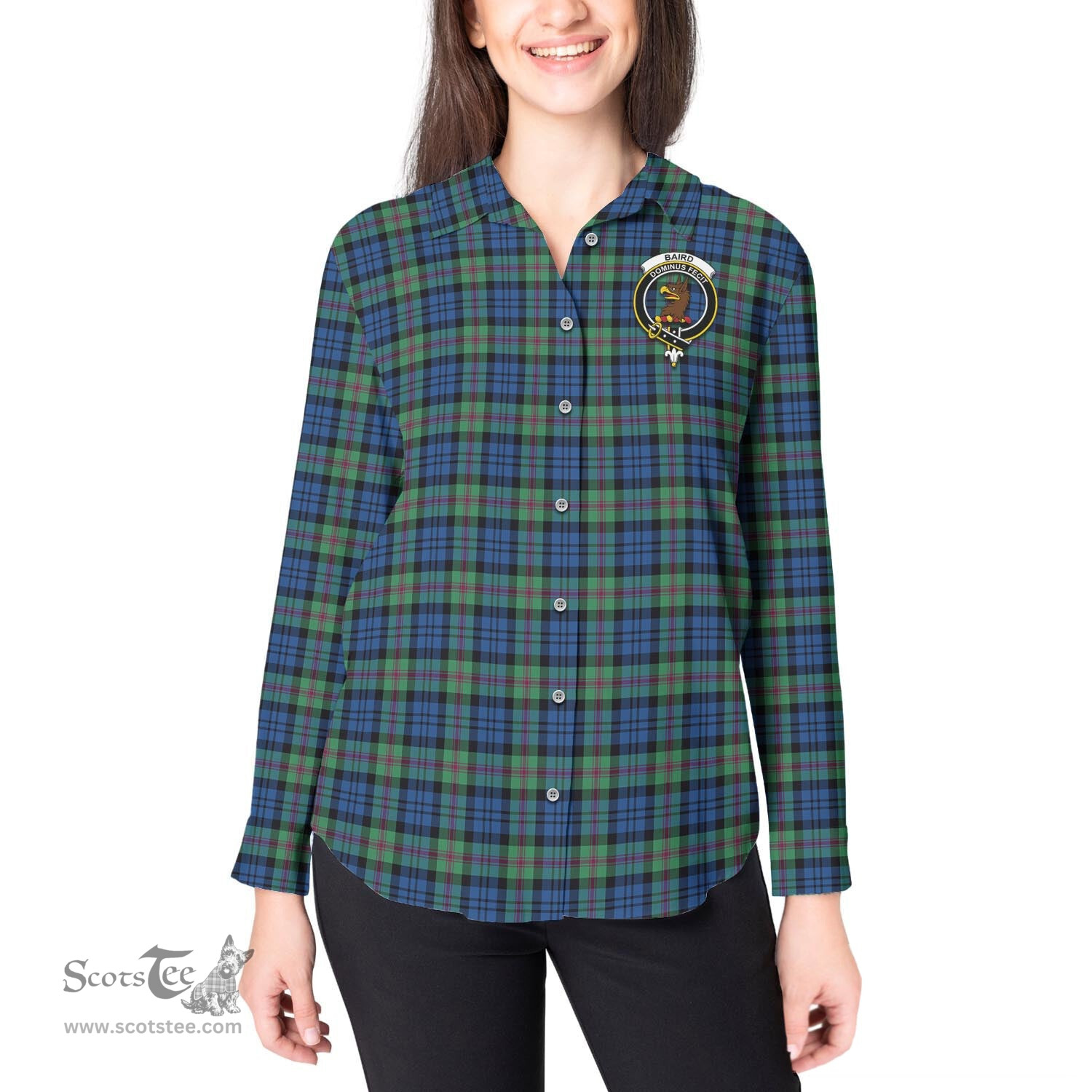 ScotsTee Shop Scottish Baird Ancient Clan Crest Tartan Womens Long Sleeve Shirt