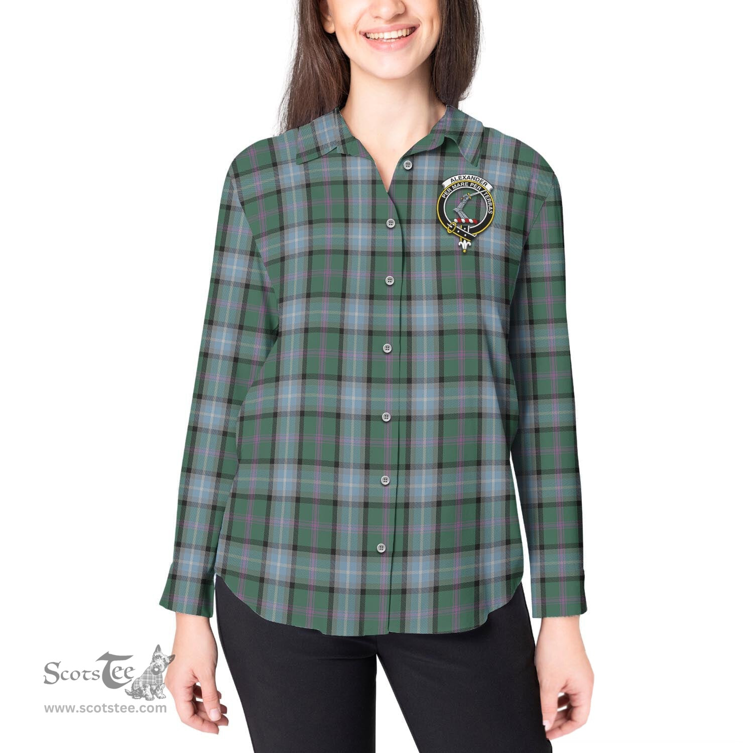 ScotsTee Shop Scottish Alexander of Menstry Hunting Clan Crest Tartan Womens Long Sleeve Shirt