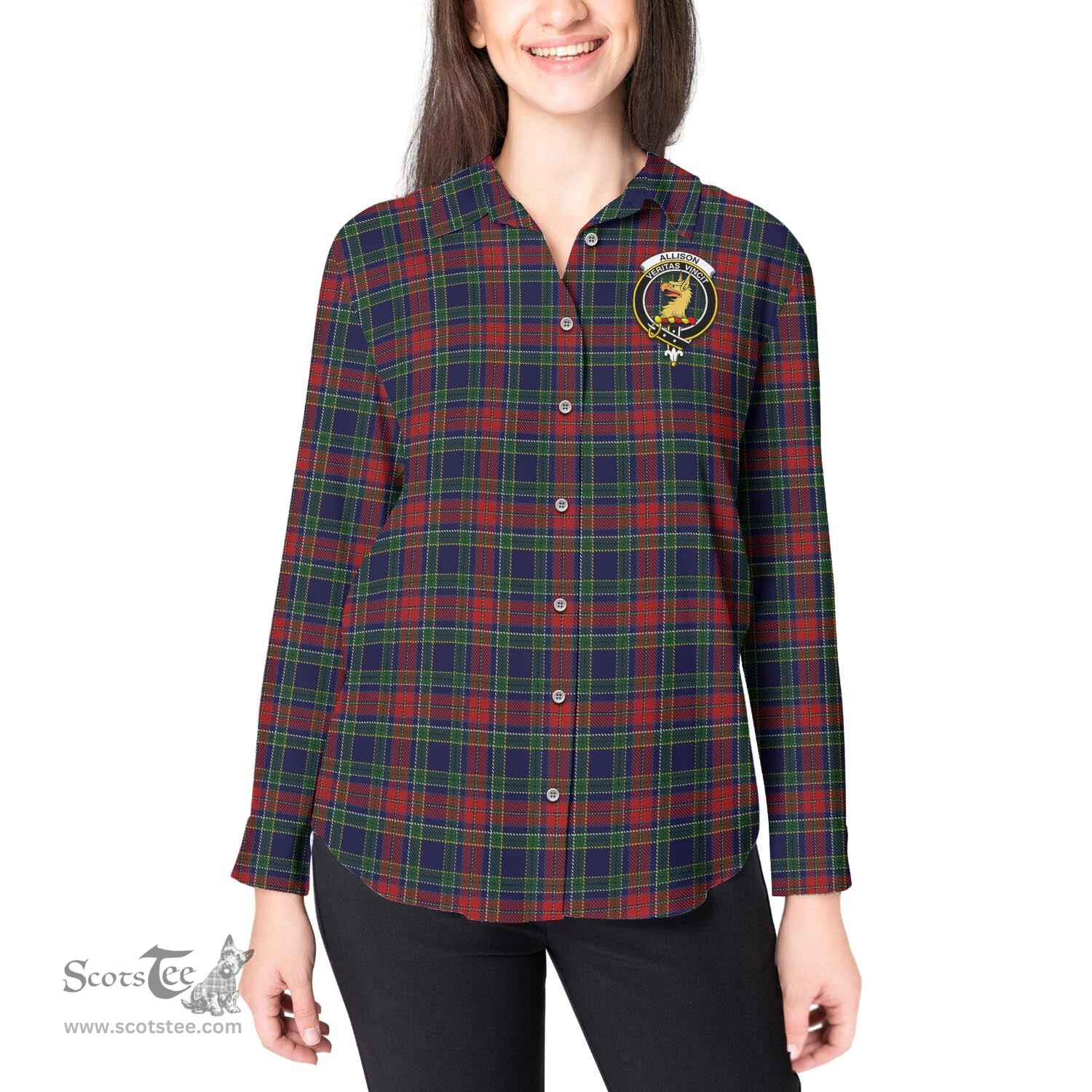 ScotsTee Shop Scottish Allison Red Clan Crest Tartan Womens Long Sleeve Shirt