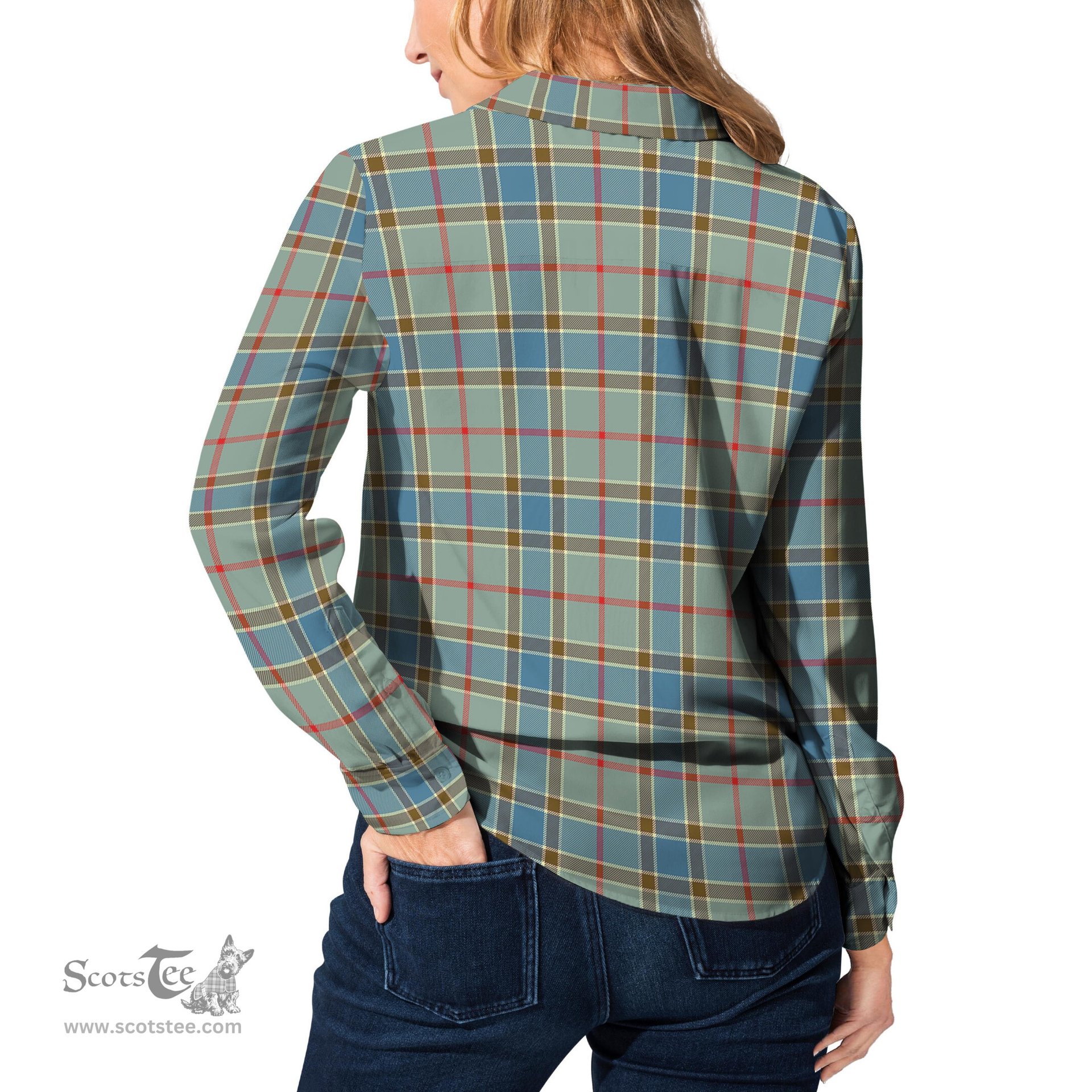 ScotsTee Shop Scottish Balfour Blue Clan Tartan Womens Long Sleeve Shirt