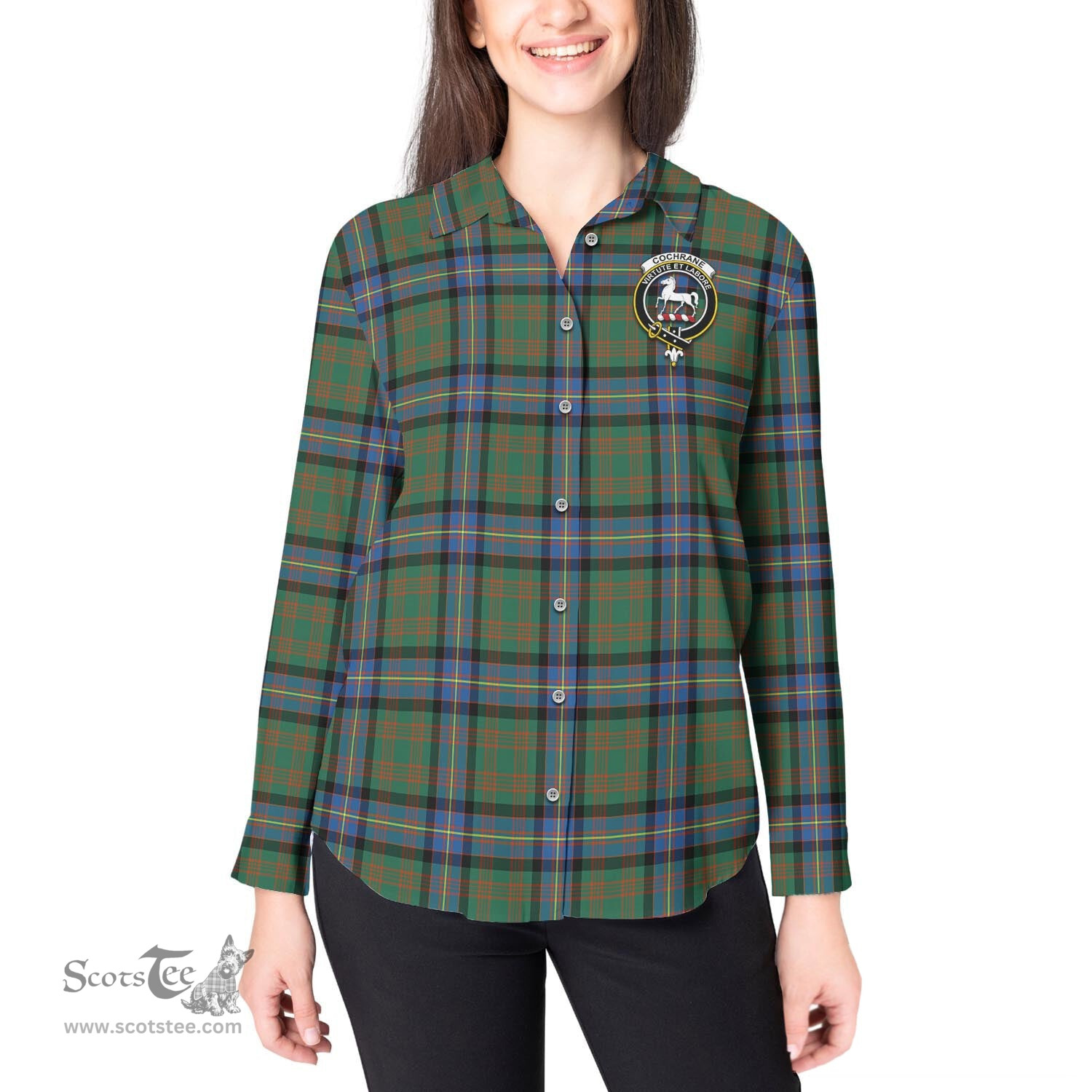 ScotsTee Shop Scottish Cochrane Ancient Clan Crest Tartan Womens Long Sleeve Shirt