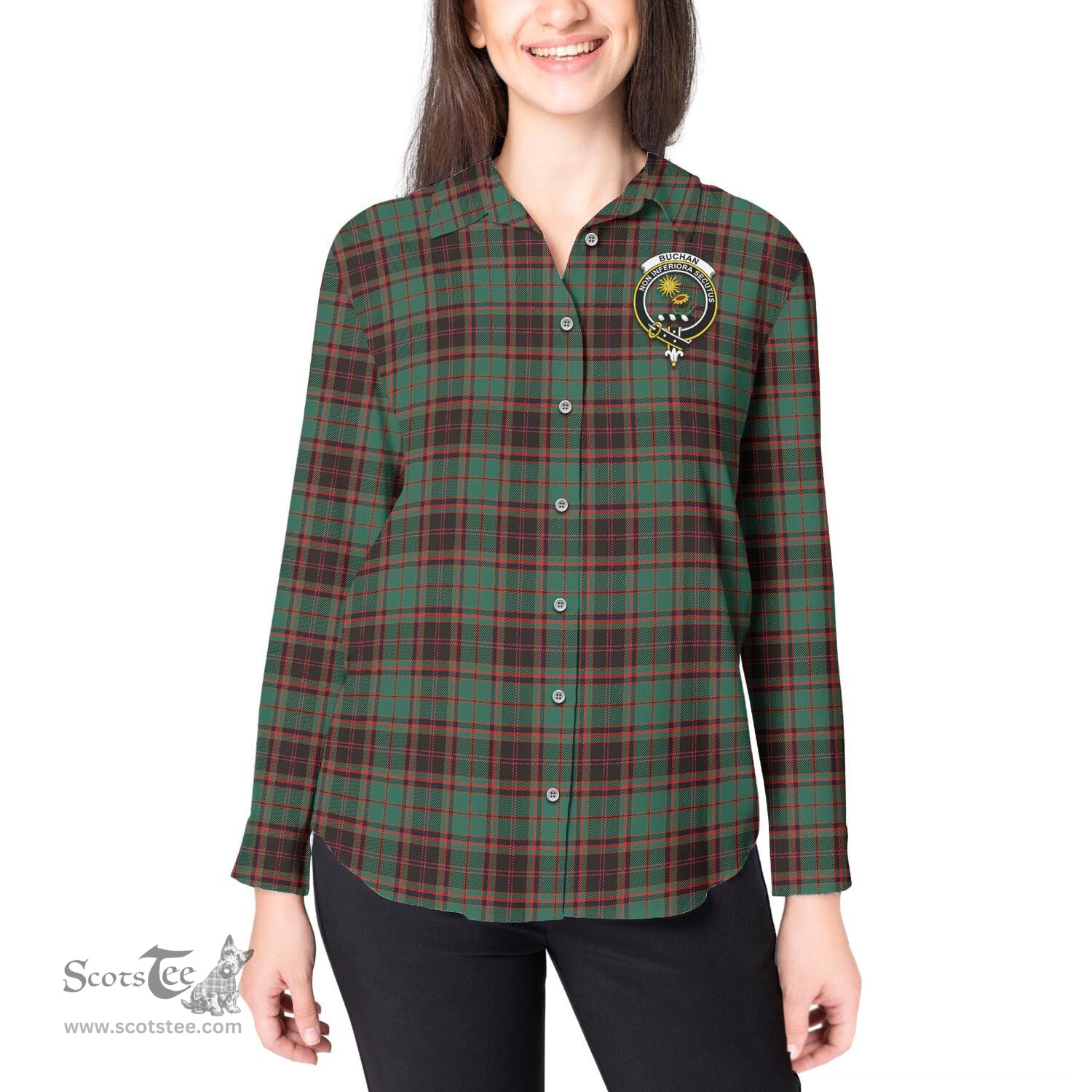 ScotsTee Shop Scottish Buchan Ancient Clan Crest Tartan Womens Long Sleeve Shirt