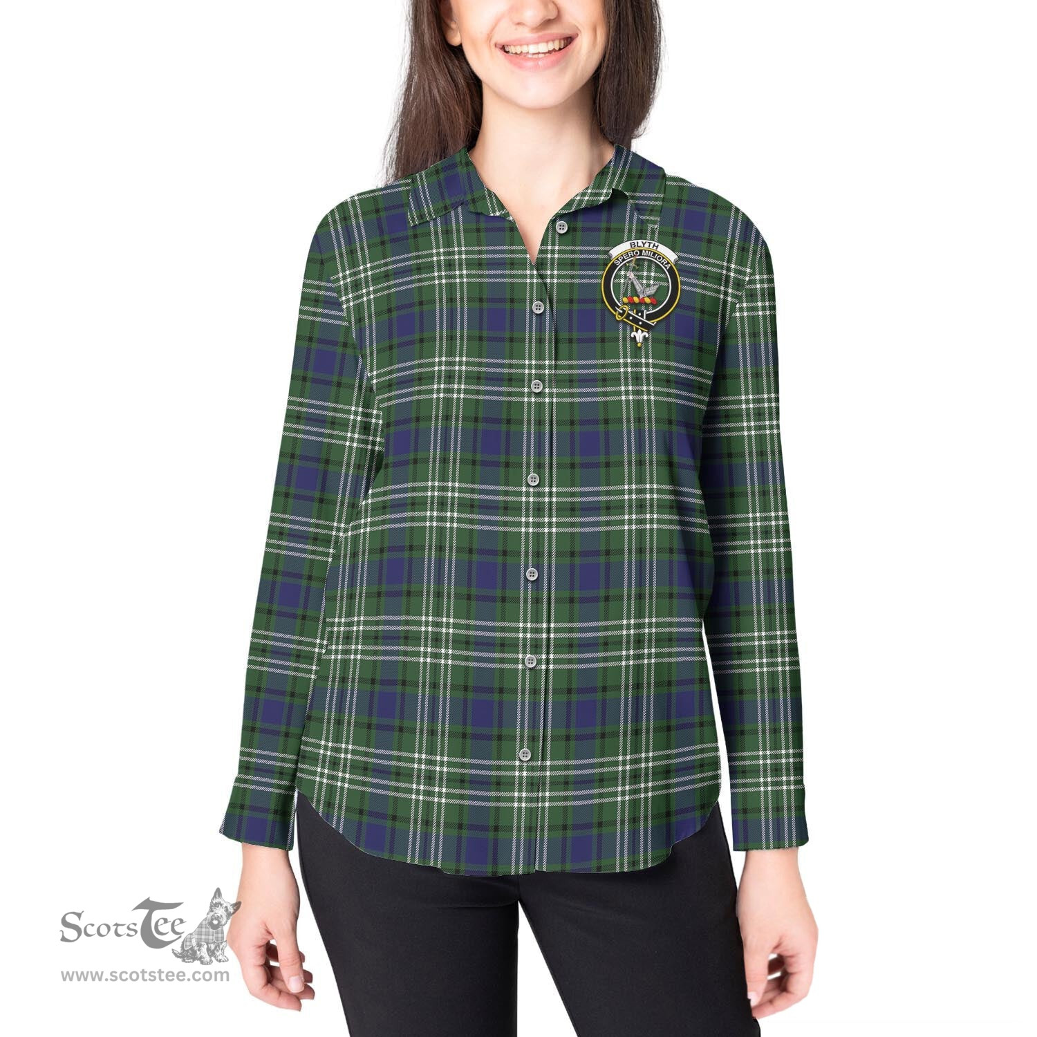 ScotsTee Shop Scottish Blyth Clan Crest Tartan Womens Long Sleeve Shirt