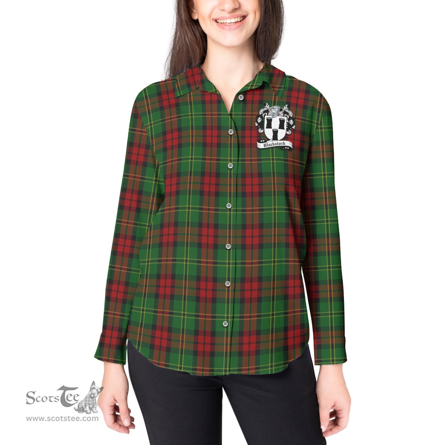 ScotsTee Shop Scottish Blackstock Hunting Clan Crest Tartan Womens Long Sleeve Shirt
