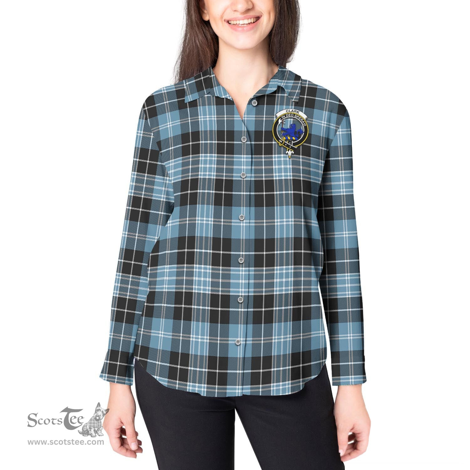 ScotsTee Shop Scottish Clark (Lion) Ancient Clan Crest Tartan Womens Long Sleeve Shirt
