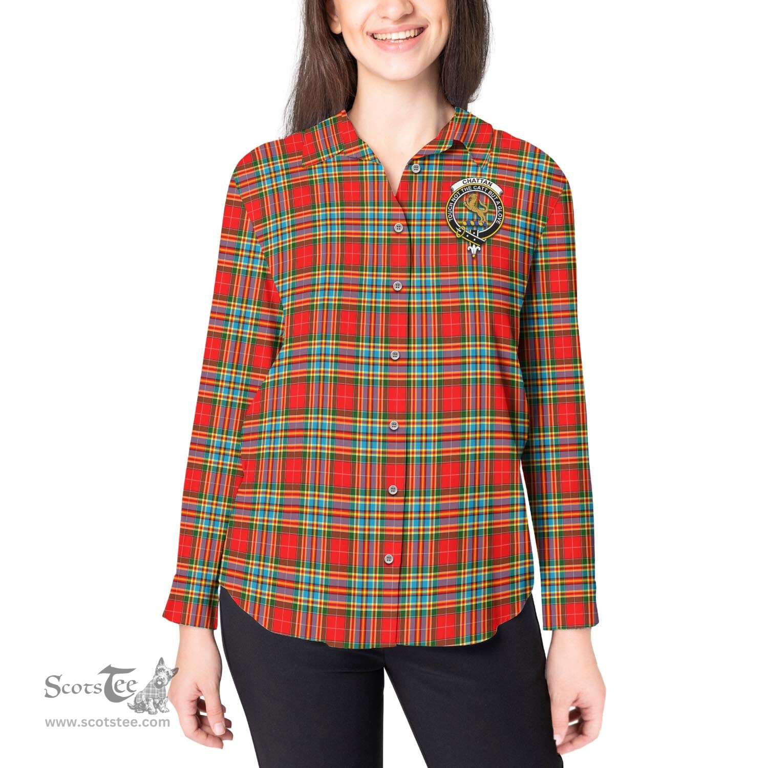 ScotsTee Shop Scottish Chattan Clan Crest Tartan Womens Long Sleeve Shirt