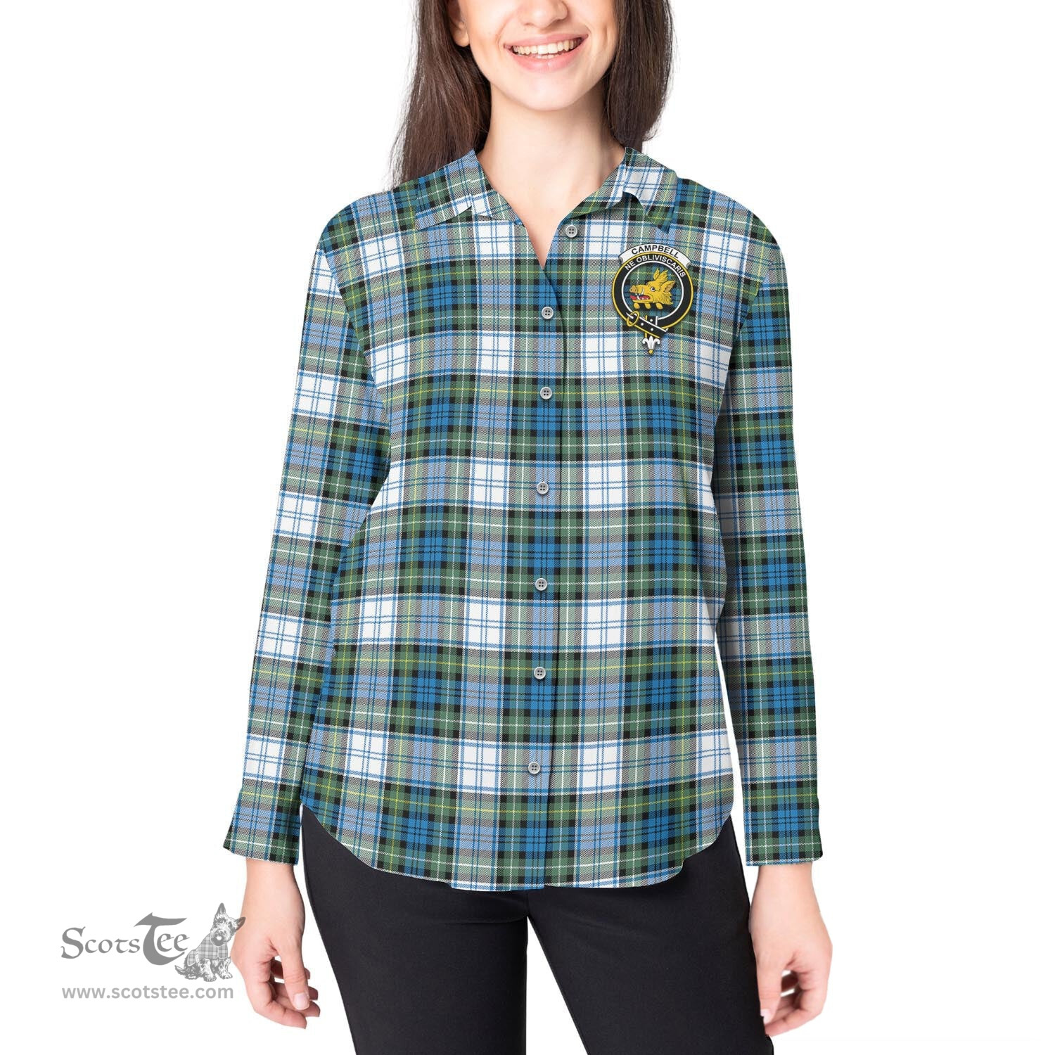 ScotsTee Shop Scottish Campbell Dress Ancient Clan Crest Tartan Womens Long Sleeve Shirt