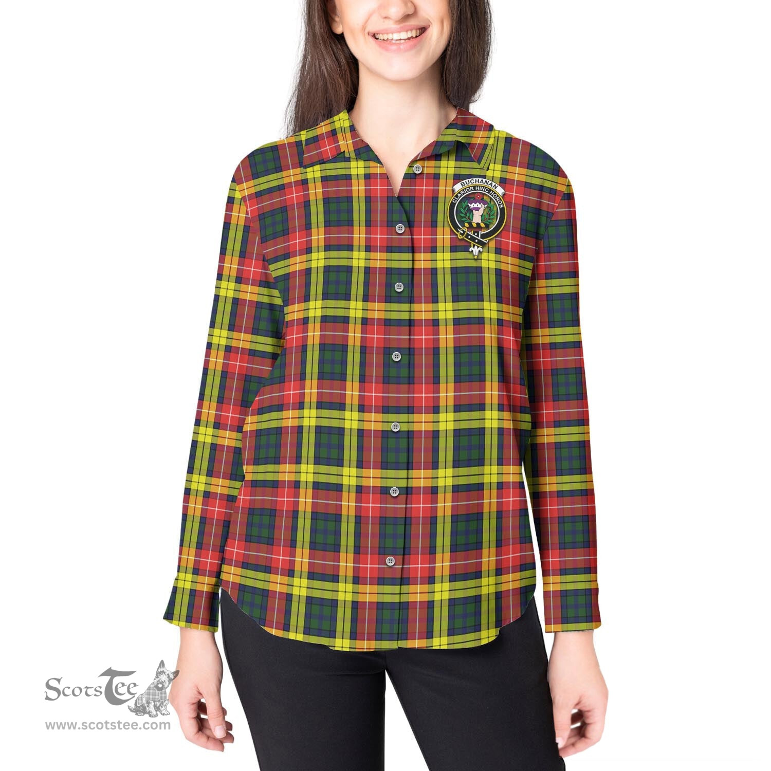 ScotsTee Shop Scottish Buchanan Modern Clan Crest Tartan Womens Long Sleeve Shirt