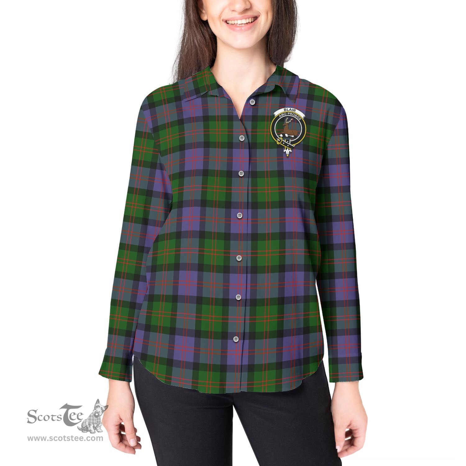 ScotsTee Shop Scottish Blair Modern Clan Crest Tartan Womens Long Sleeve Shirt