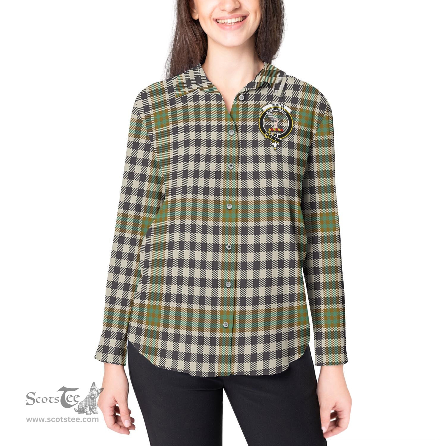 ScotsTee Shop Scottish Burns Check Clan Crest Tartan Womens Long Sleeve Shirt