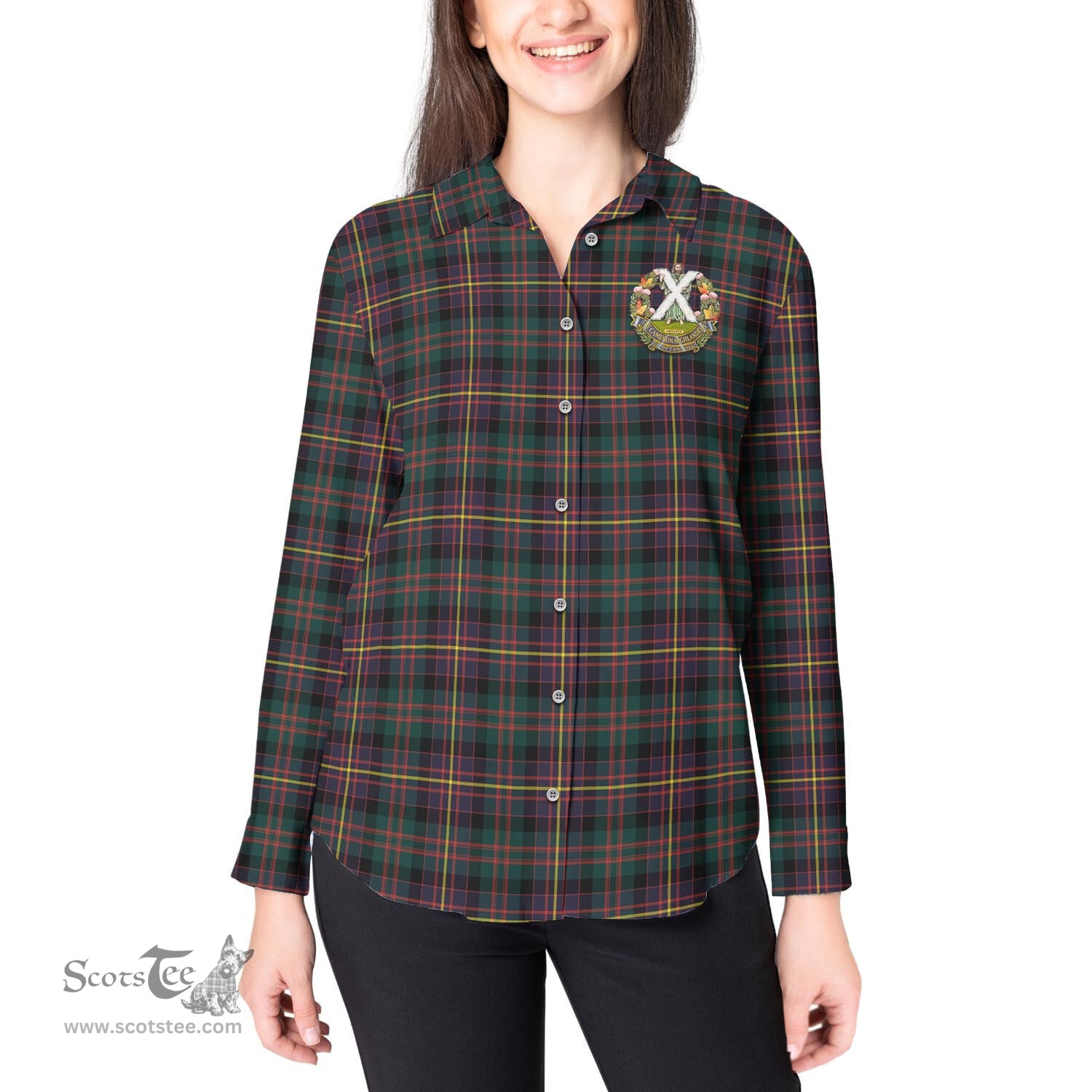 ScotsTee Shop Scottish Cameron Highlanders of Ottawa Clan Crest Tartan Womens Long Sleeve Shirt