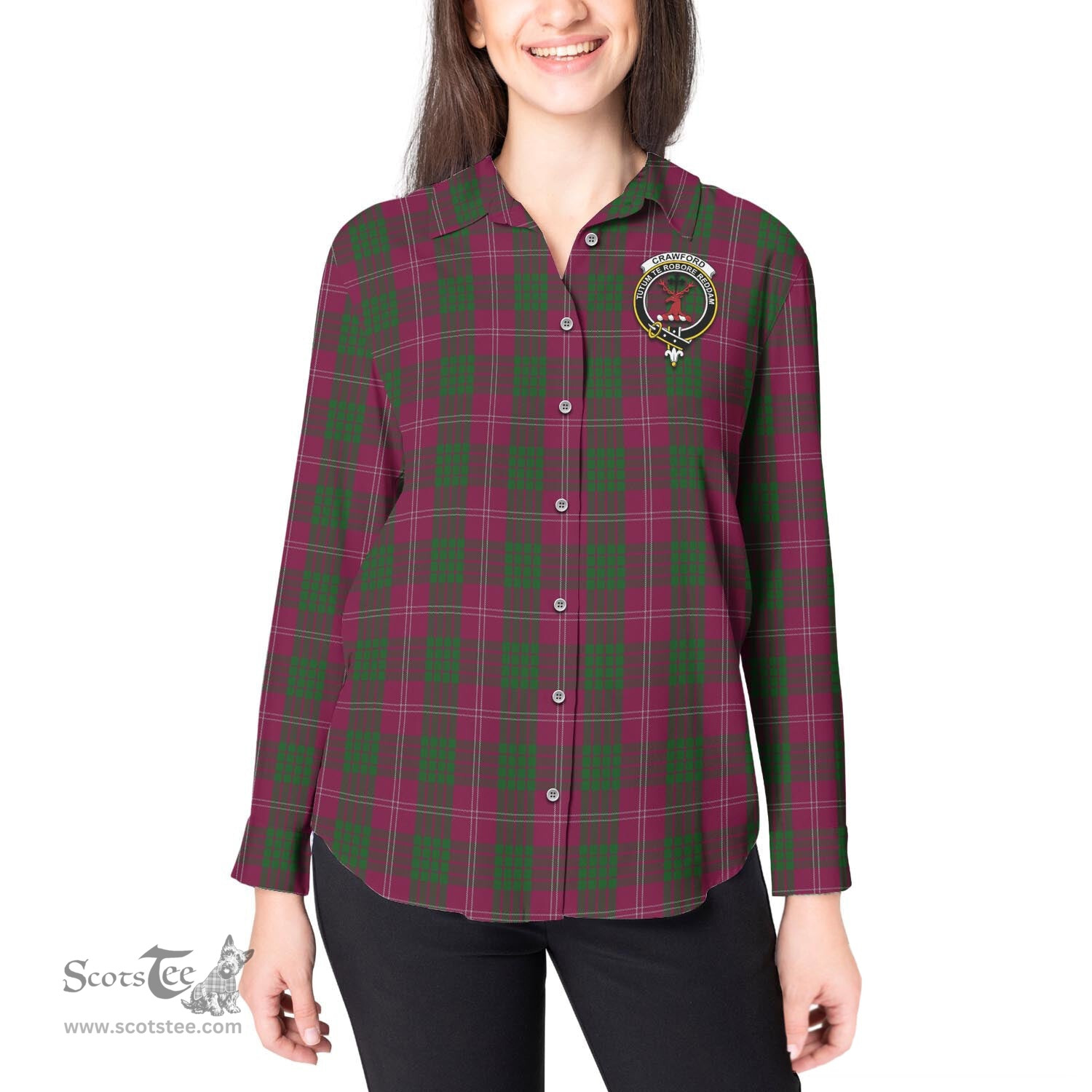 ScotsTee Shop Scottish Crawford Clan Crest Tartan Womens Long Sleeve Shirt