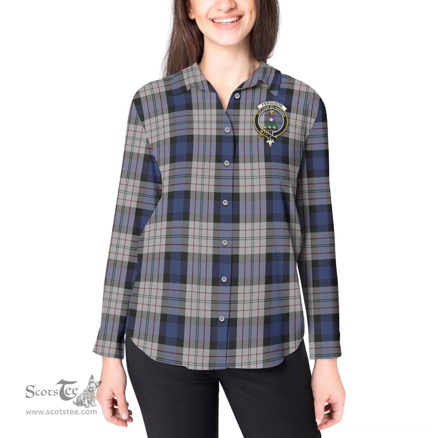 ScotsTee Shop Scottish Ferguson Dress Clan Crest Tartan Womens Long Sleeve Shirt