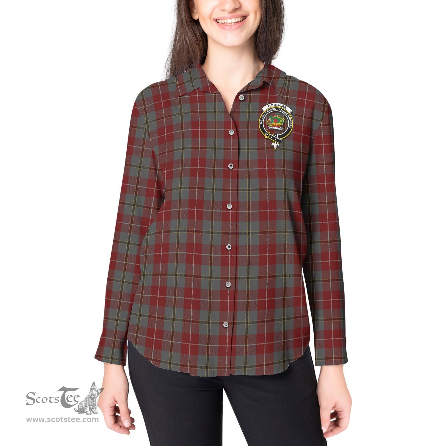 ScotsTee Shop Scottish Douglas Ancient Red Clan Crest Tartan Womens Long Sleeve Shirt