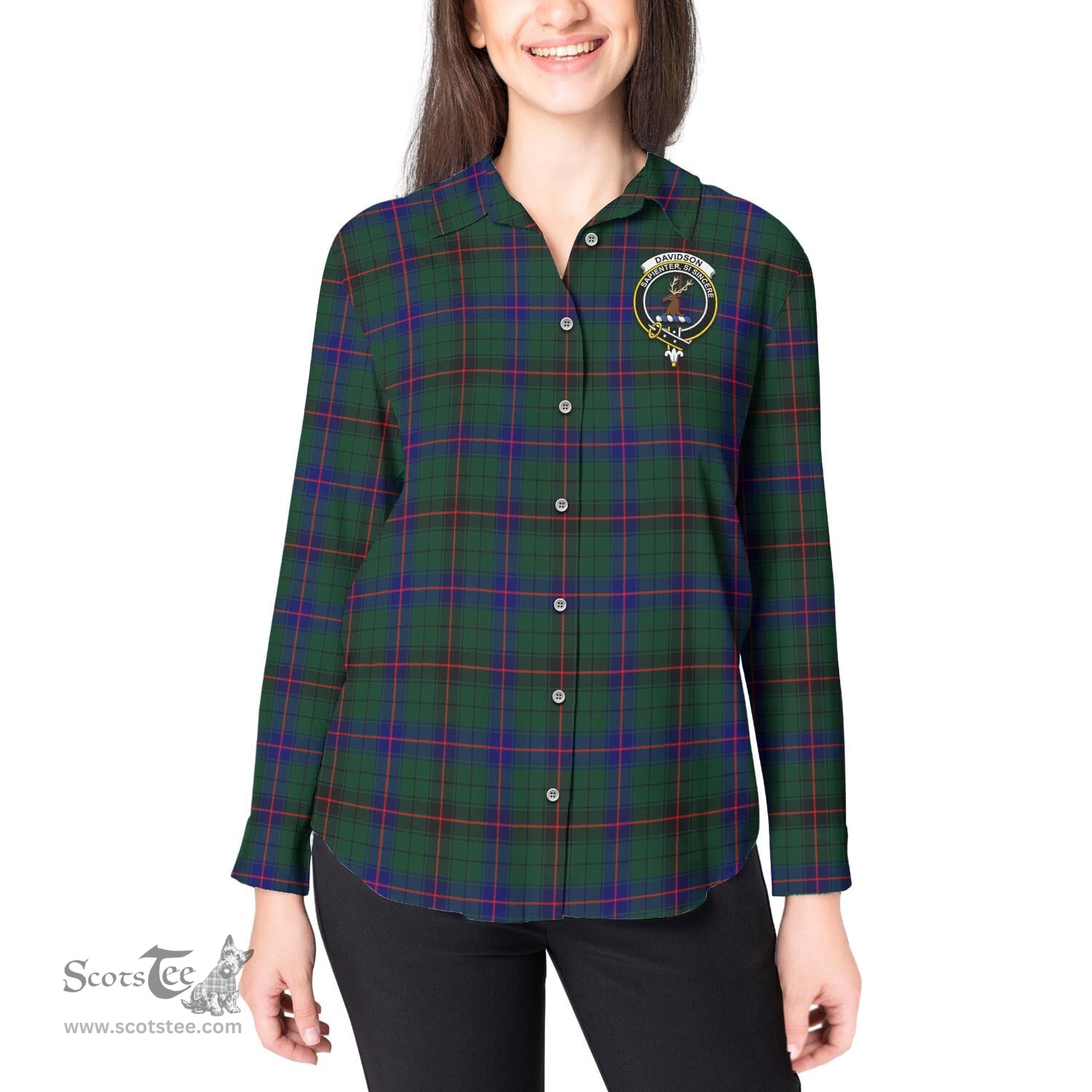ScotsTee Shop Scottish Davidson Modern Clan Crest Tartan Womens Long Sleeve Shirt