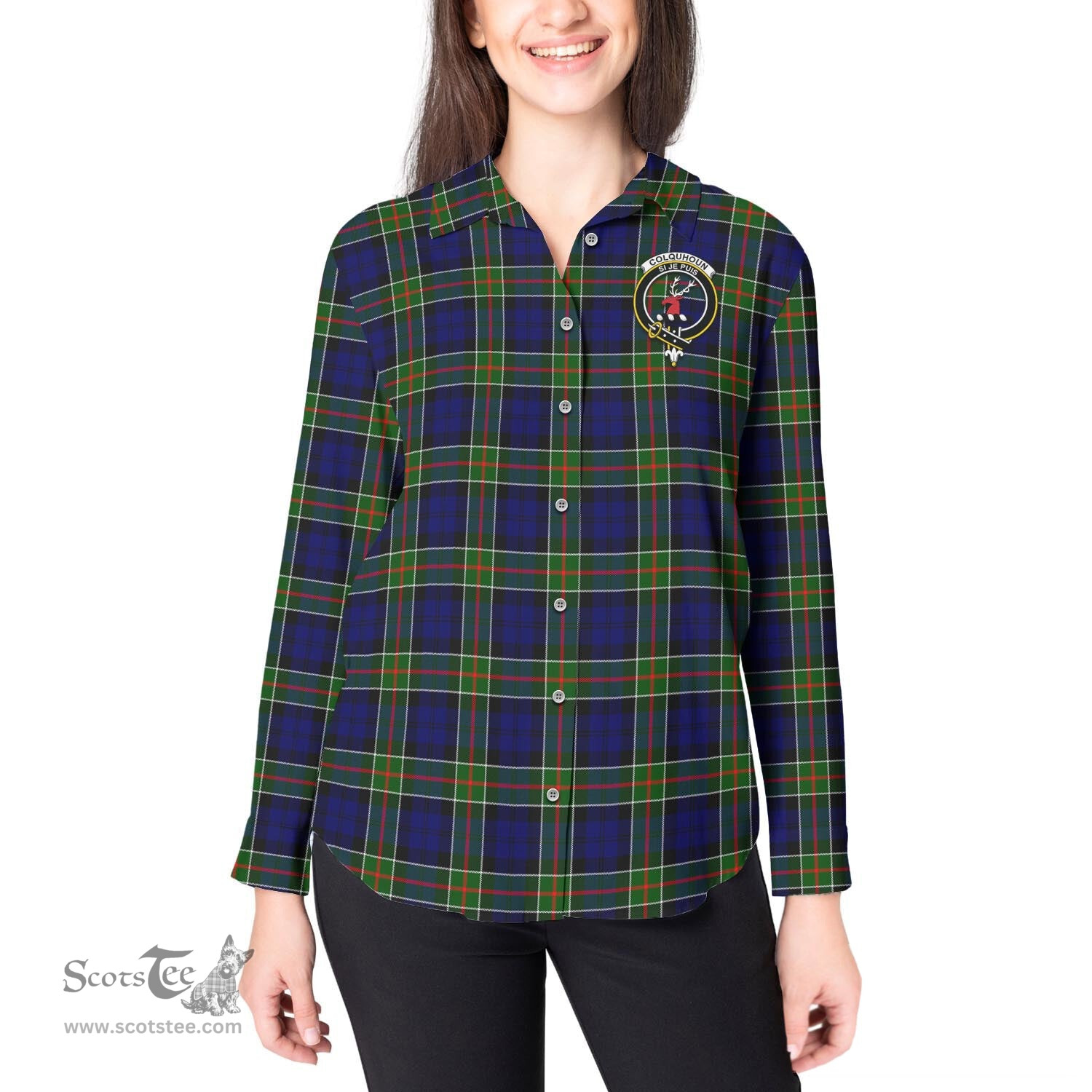 ScotsTee Shop Scottish Colquhoun Modern Clan Crest Tartan Womens Long Sleeve Shirt