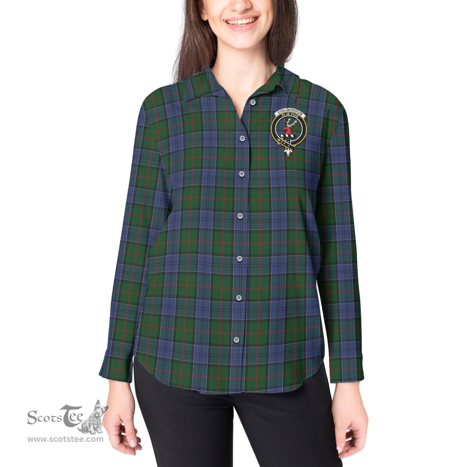 ScotsTee Shop Scottish Colquhoun Clan Crest Tartan Womens Long Sleeve Shirt