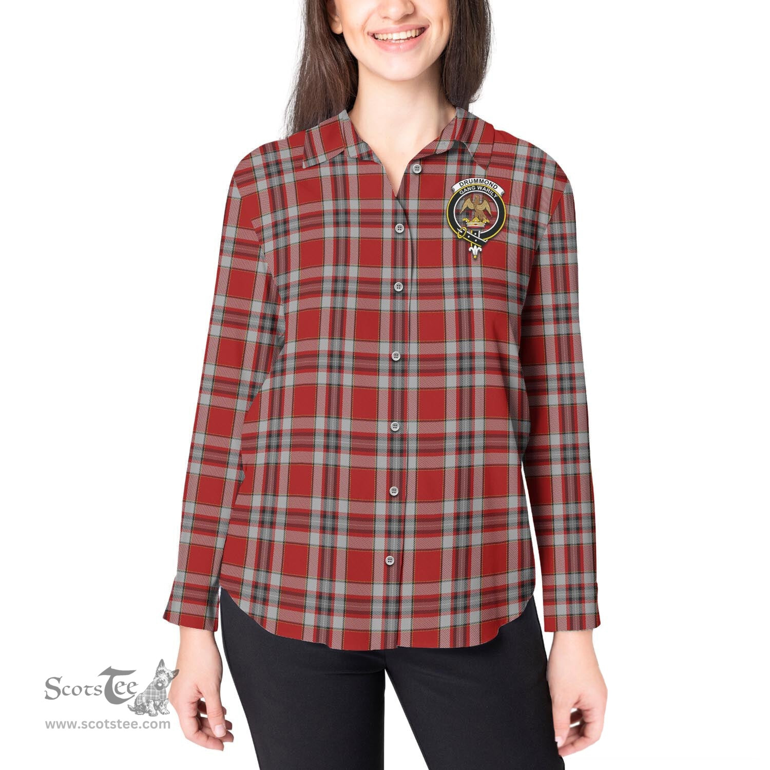 ScotsTee Shop Scottish Drummond of Perth Dress Clan Crest Tartan Womens Long Sleeve Shirt