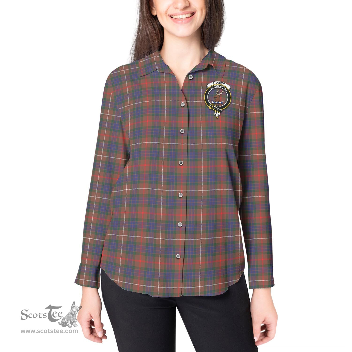 ScotsTee Shop Scottish Fraser Hunting Modern Clan Crest Tartan Womens Long Sleeve Shirt